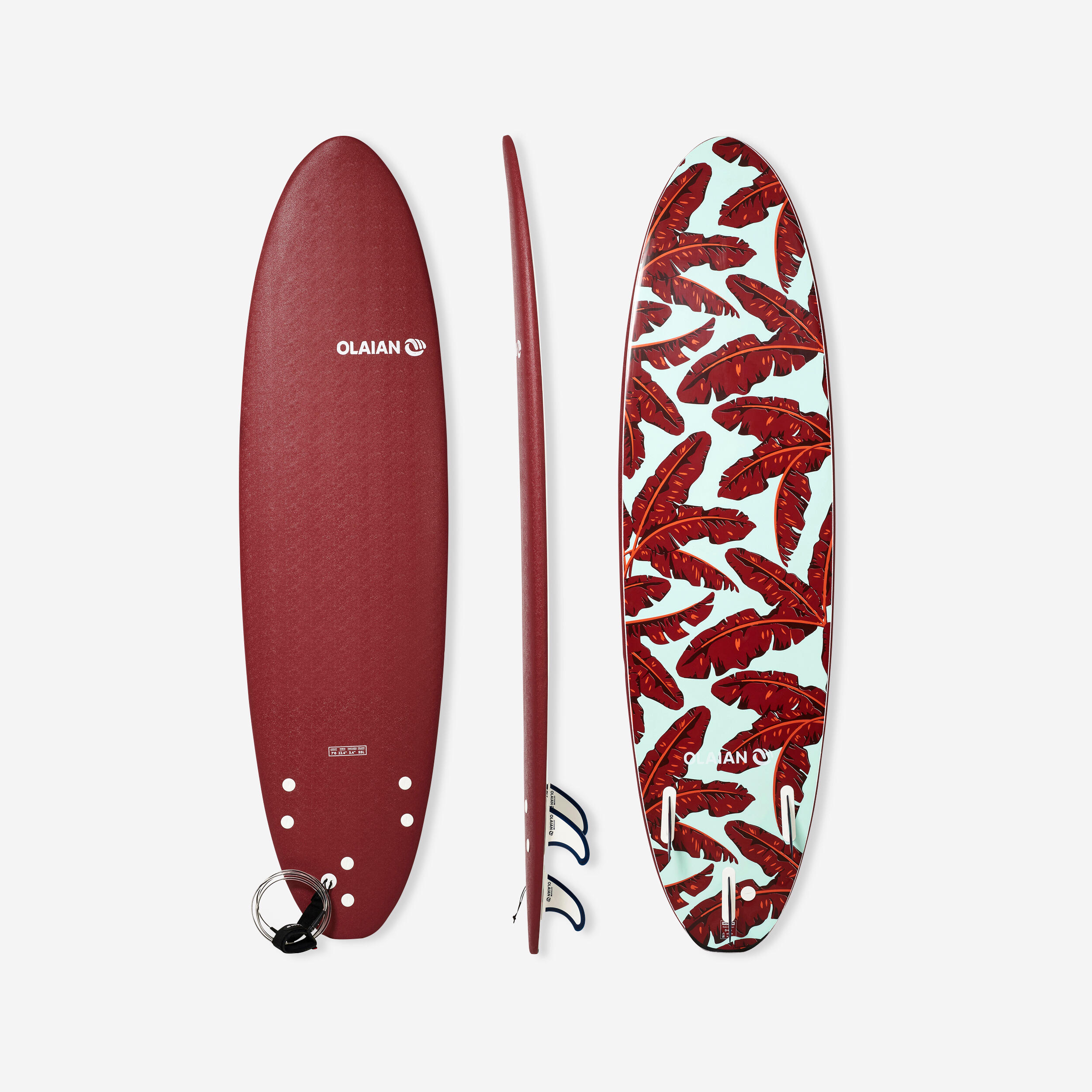 Olaian Surfboard Schaumstoff 500 7' inkl. Leash und 3 Finnen