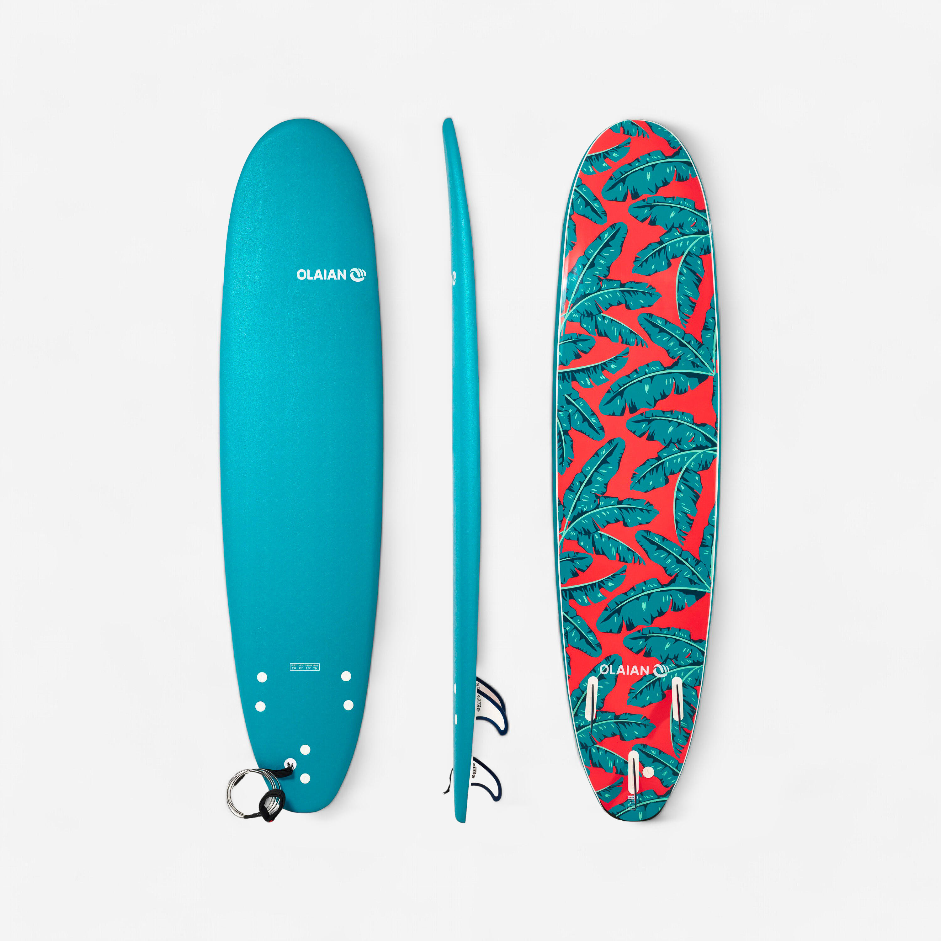 Olaian Surfboard Schaumstoff 500 7'8" inkl. Leash und 3 Finnen