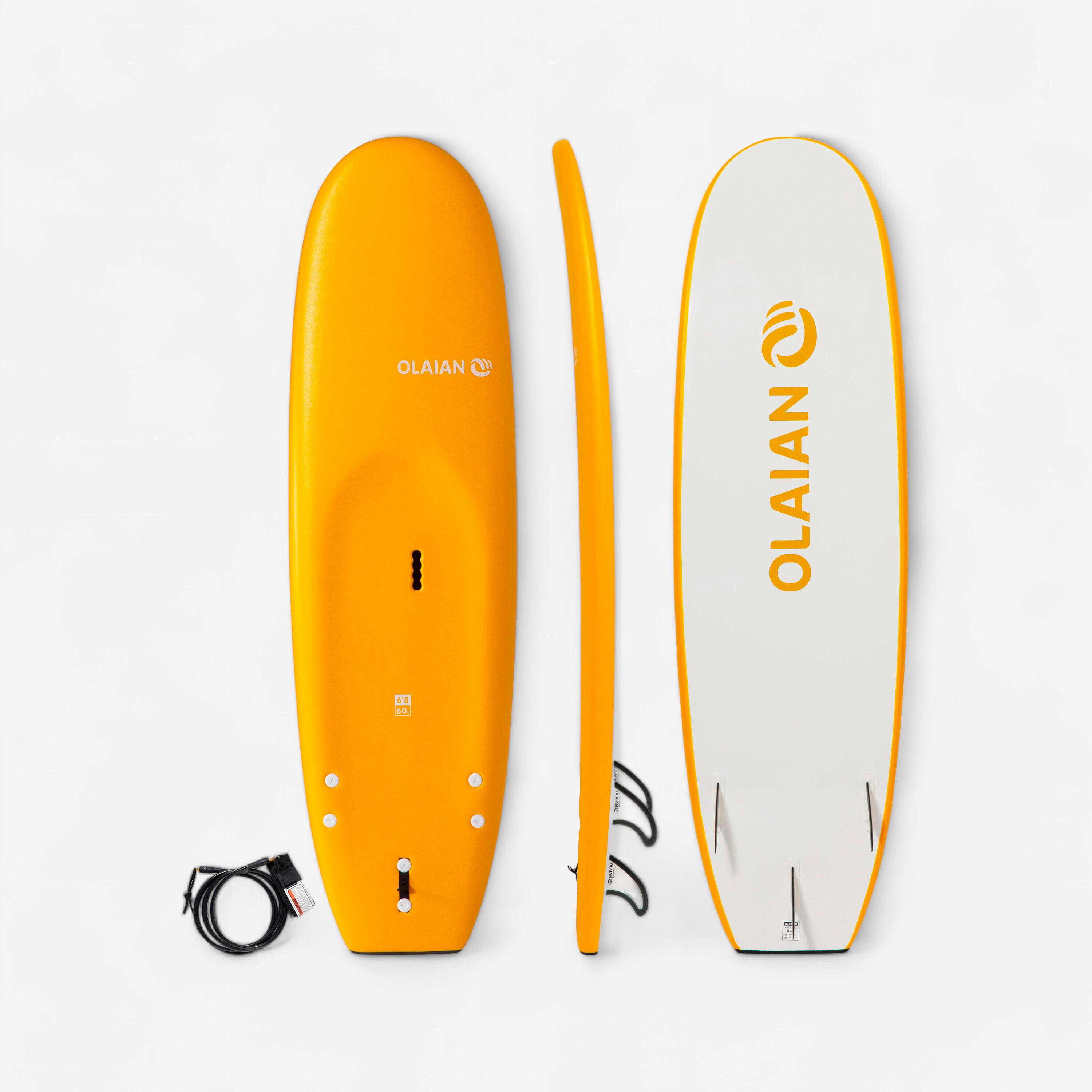 Olaian Surfboard Schaumstoff 100 6'8" inkl. Leash und 3 Finnen.