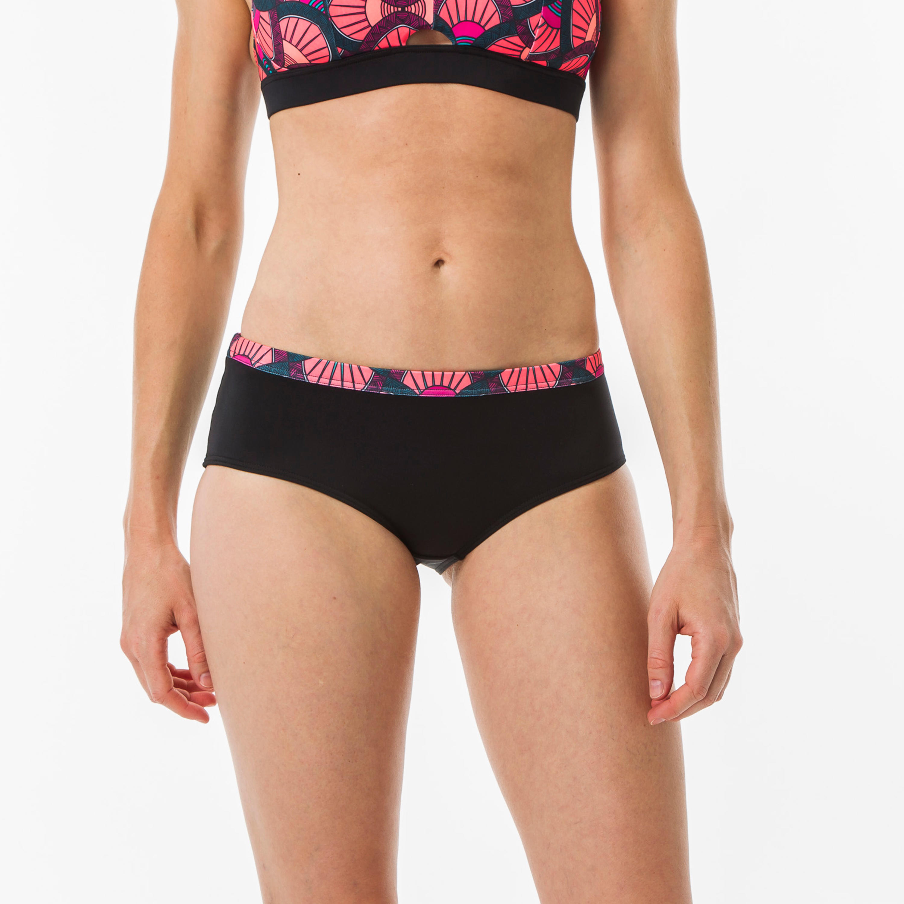 Olaian Bikini-Hose Damen Shorty mit Kordelzug Vanina Supai Diva schwarz/rosa