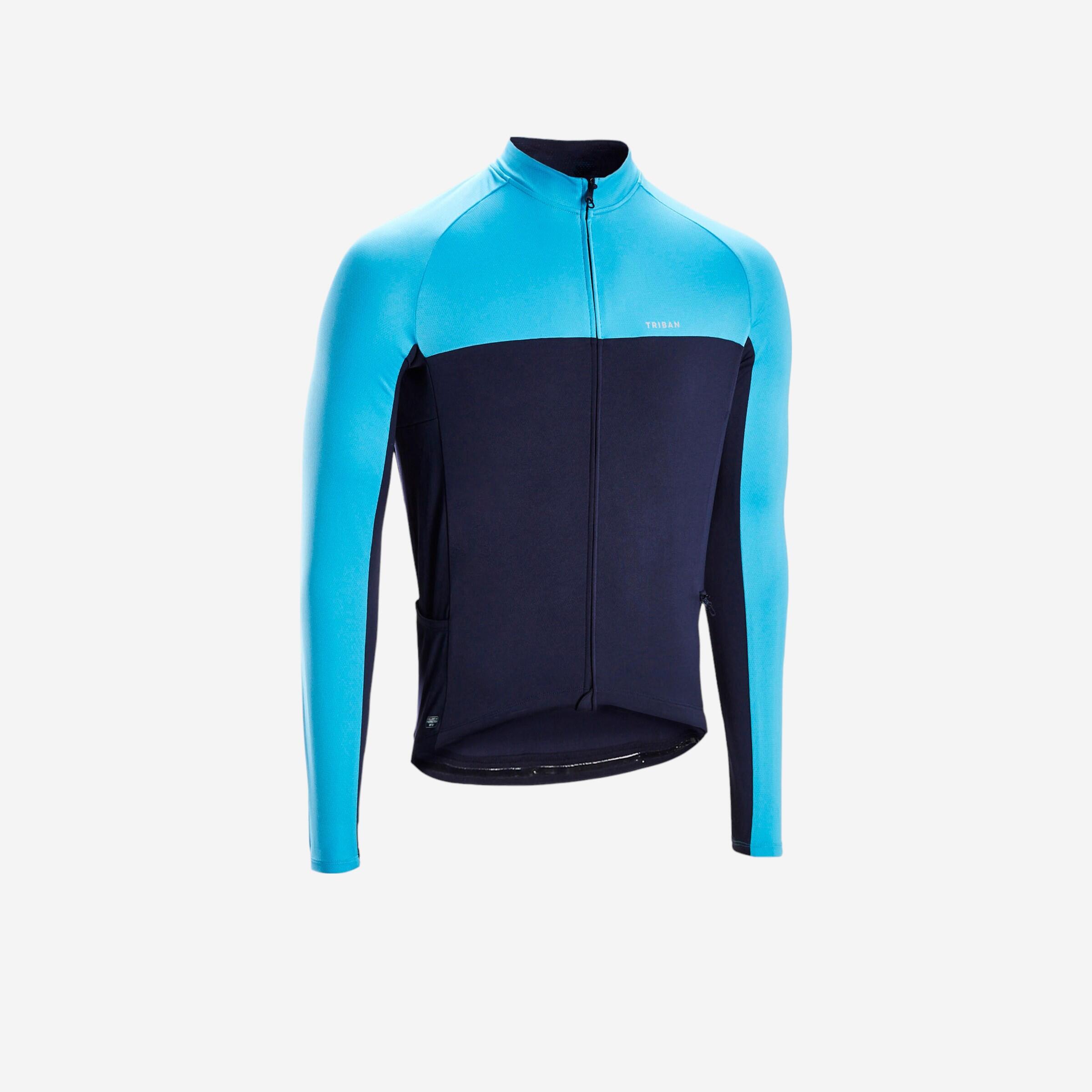 Triban Fahrradtrikot Rennrad langarm UV Schutz RC100 Herren dunkelblau/blau