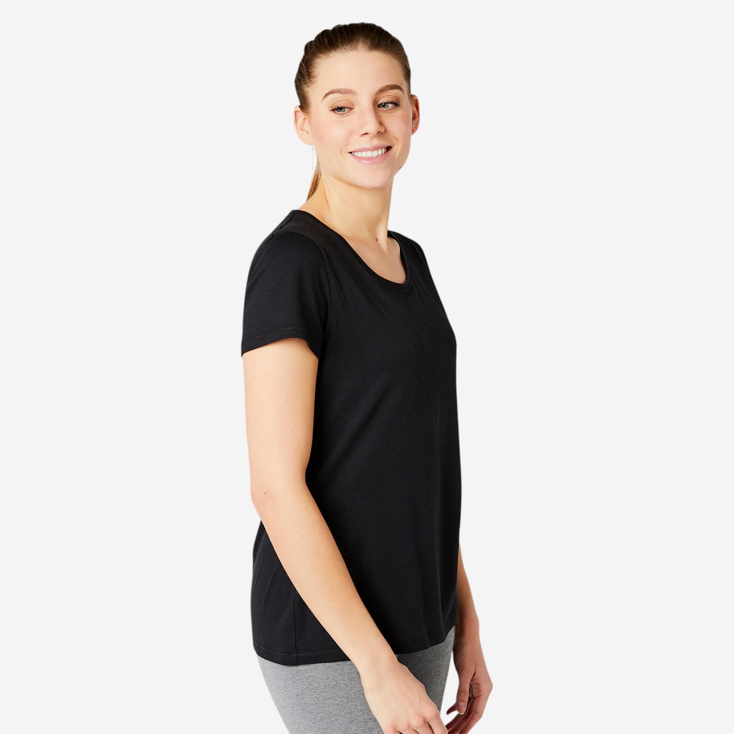Domyos T-Shirt Fitness 500 Regular Baumwolle Rundhals Damen schwarz