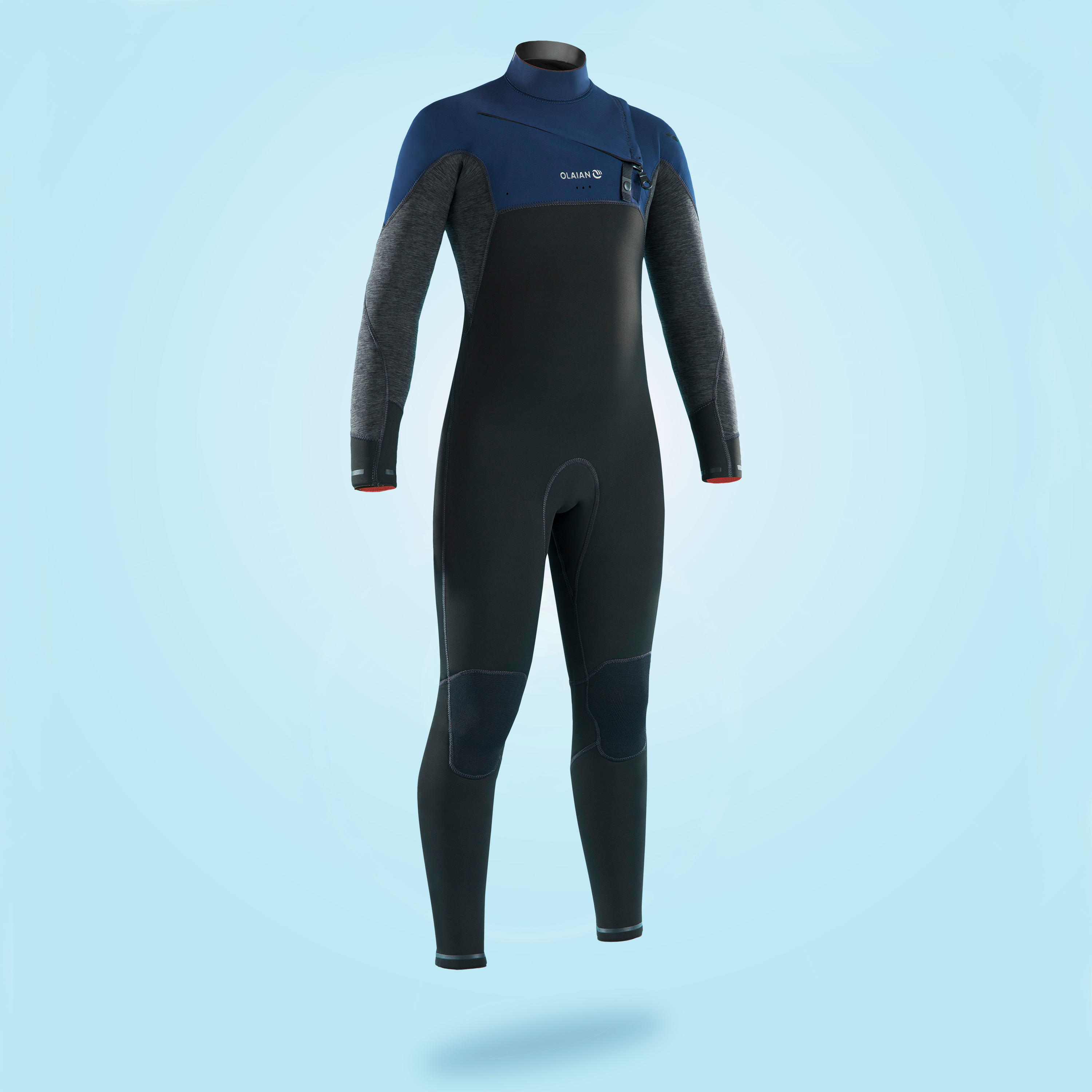 Olaian Neoprenanzug Surfen 900 4/3 mm Brustreißverschluss Kinder schwarz/dunkelblau