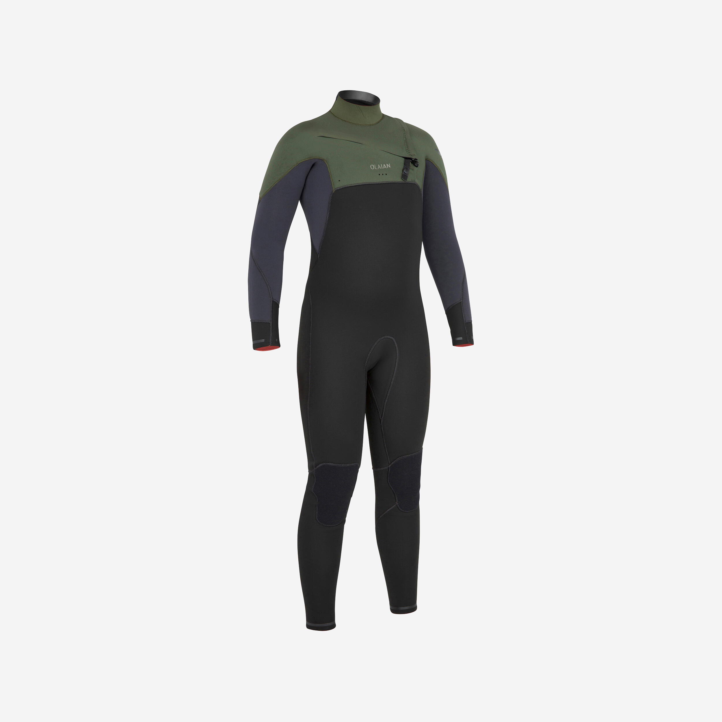 Olaian Neoprenanzug Surfen 900 3/2 mm Brustreißverschluss Kinder schwarz/khaki