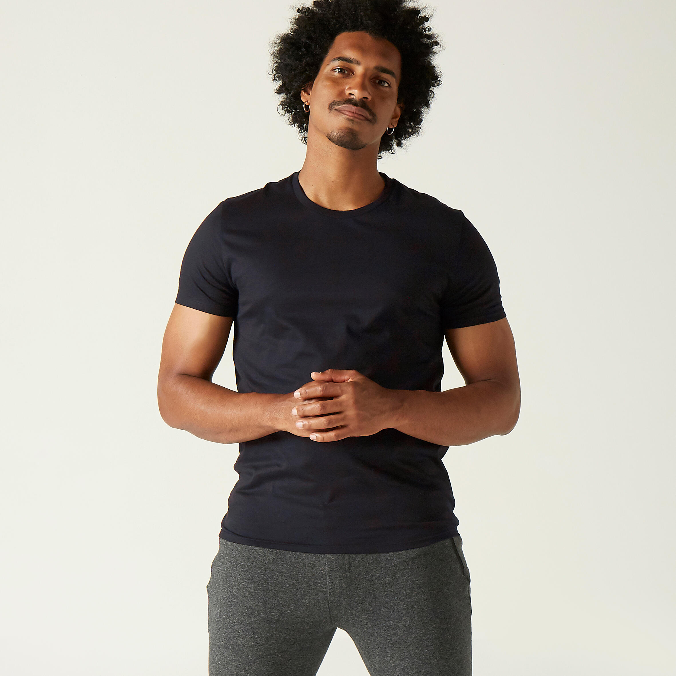 Domyos T-Shirt Fitness gerade Rundhals Baumwolle Herren - schwarz