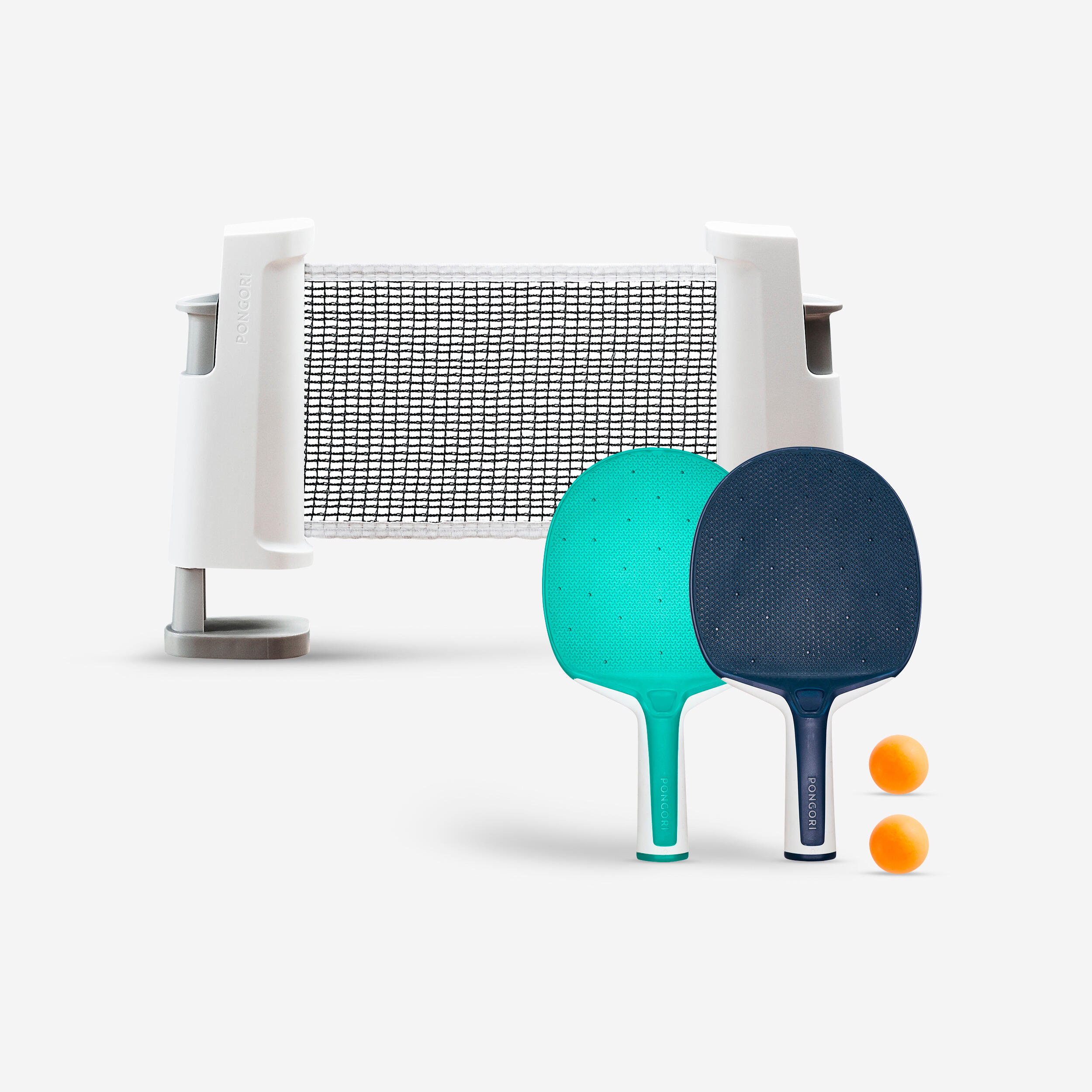 Pongori Tischtennis-Set Pfosten + Netz verstellbar Rollnet weiss/grau 2 Schläger 2 Bälle
