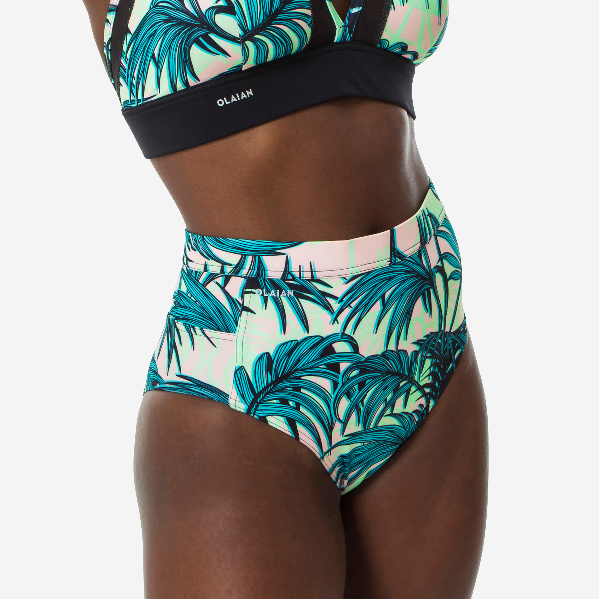Olaian Bikini-Hose Damen hoher breiter Taillenbund Rosa Presana grün/hellrosa