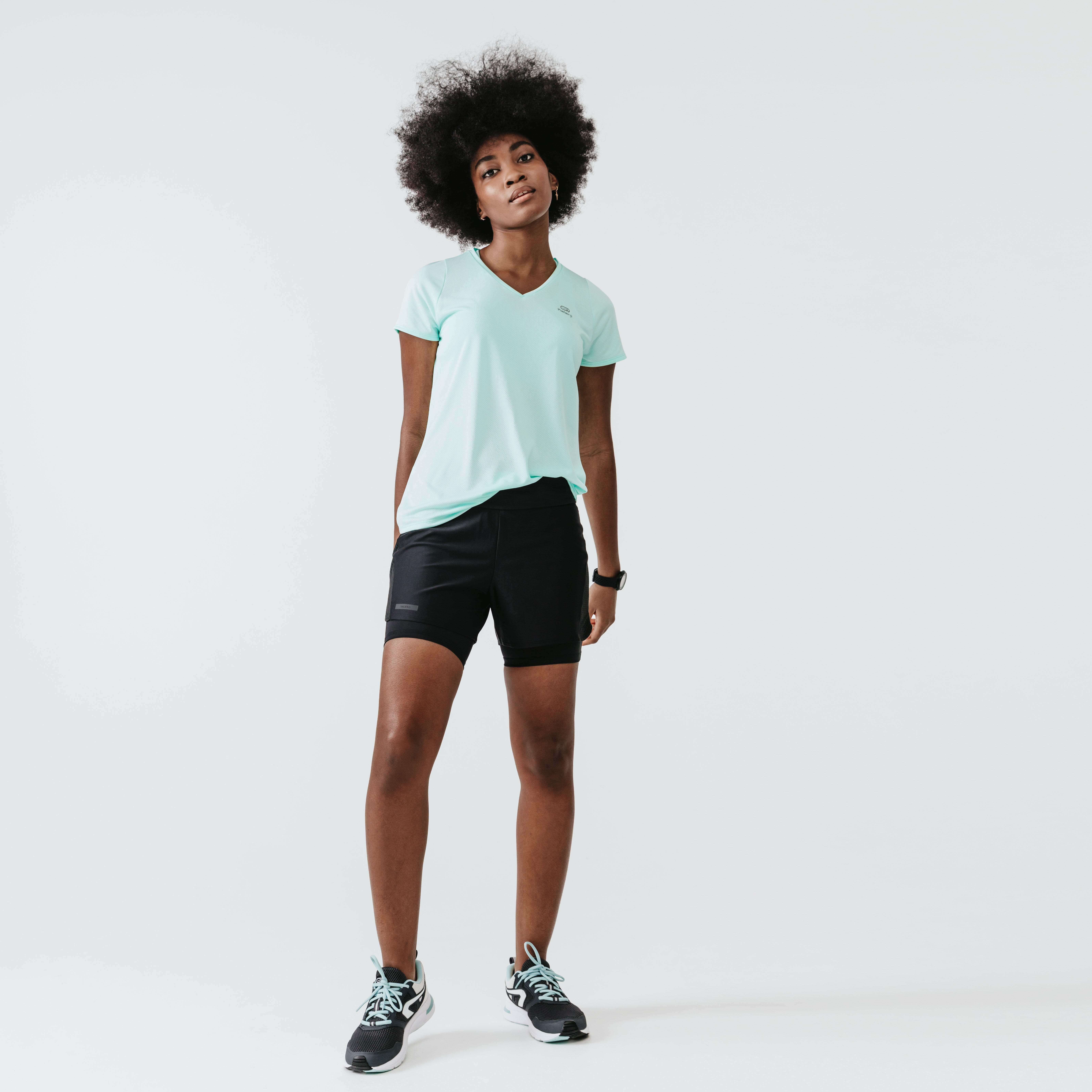 Kalenji Laufshorts 2-in-1 mit integrierter Innenhose Dry Damen schwarz