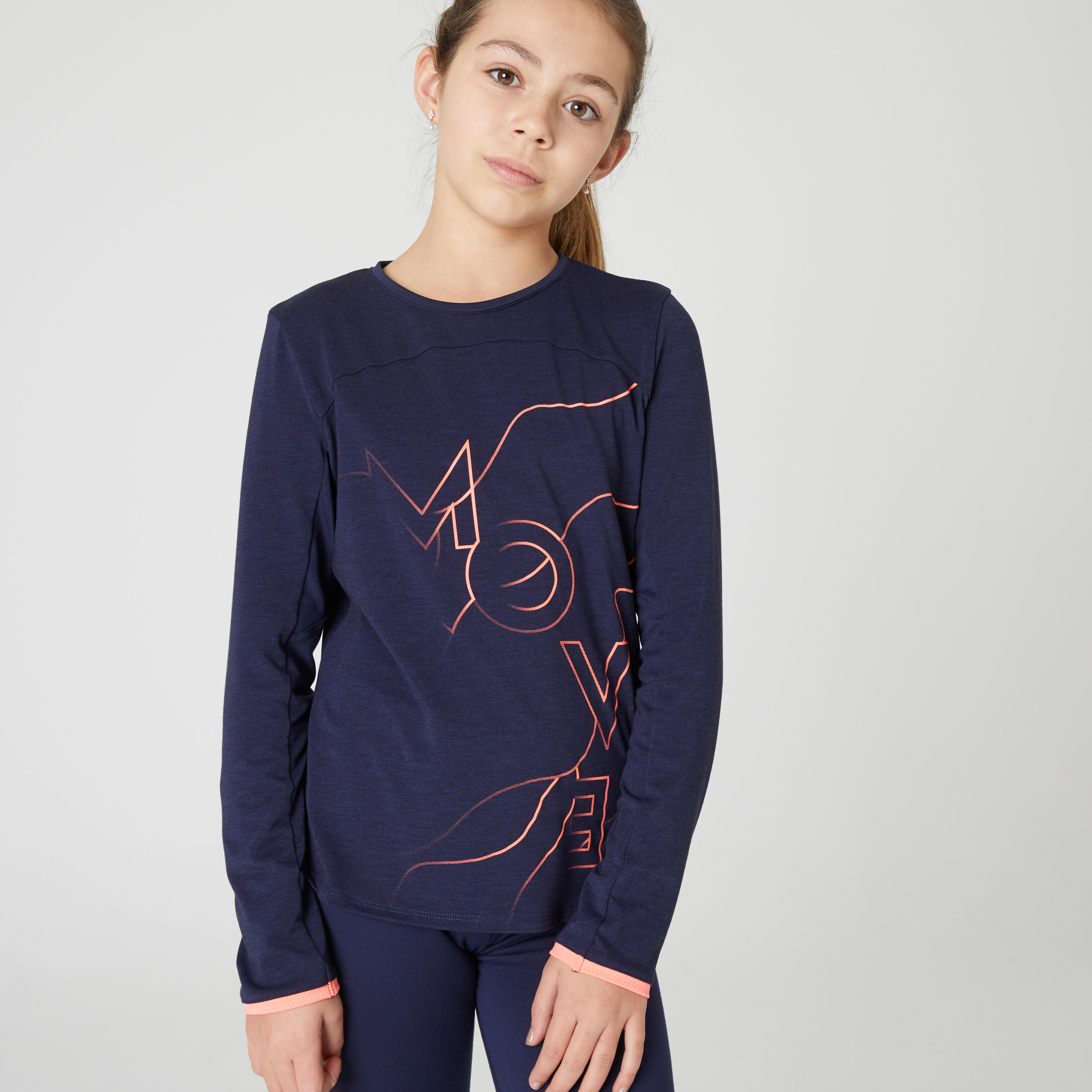 Domyos Langarmshirt atmungsaktiv Mädchen blau/koralle