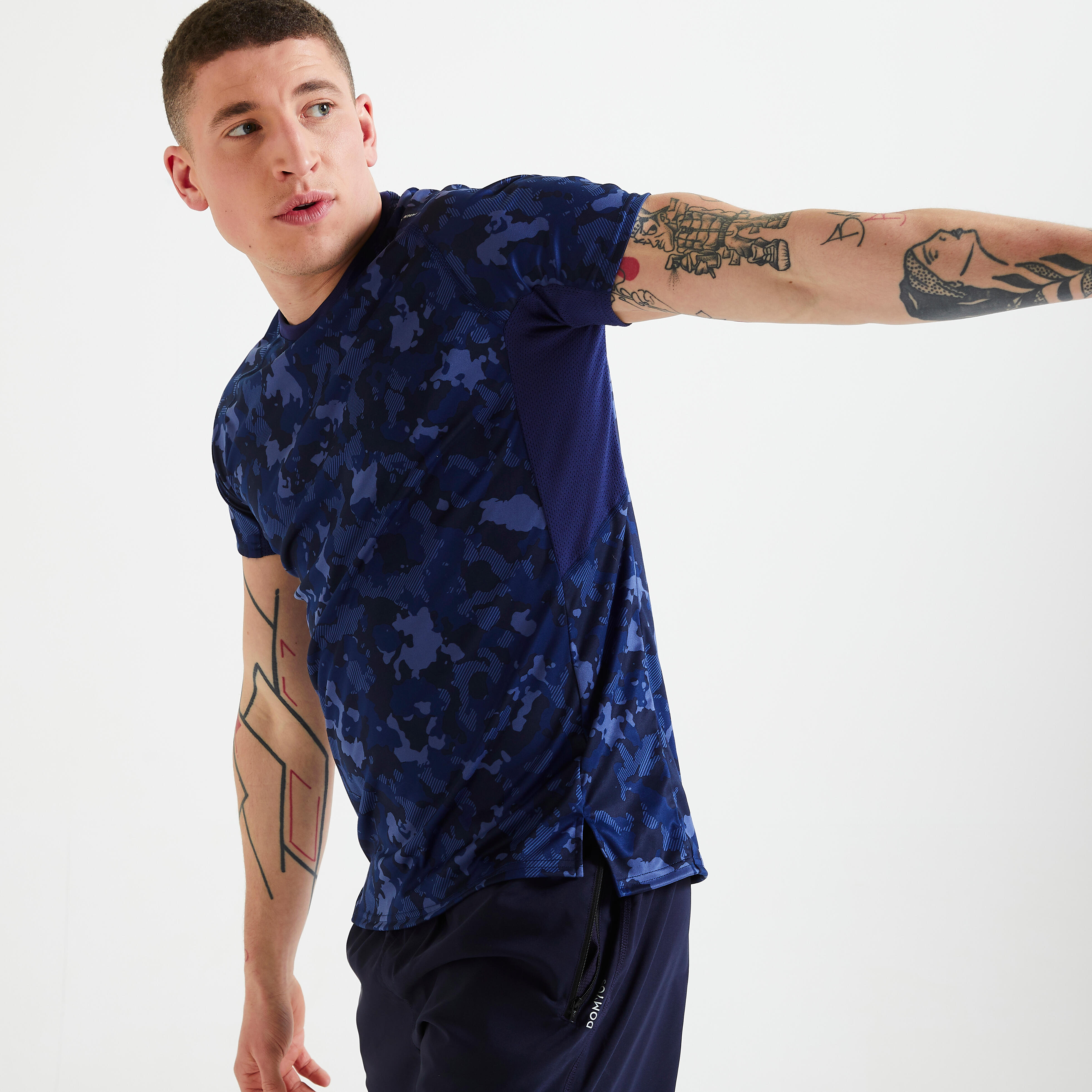 Domyos T-Shirt 120 Fitness Funktionsshirt blau mit Camouflage-Print