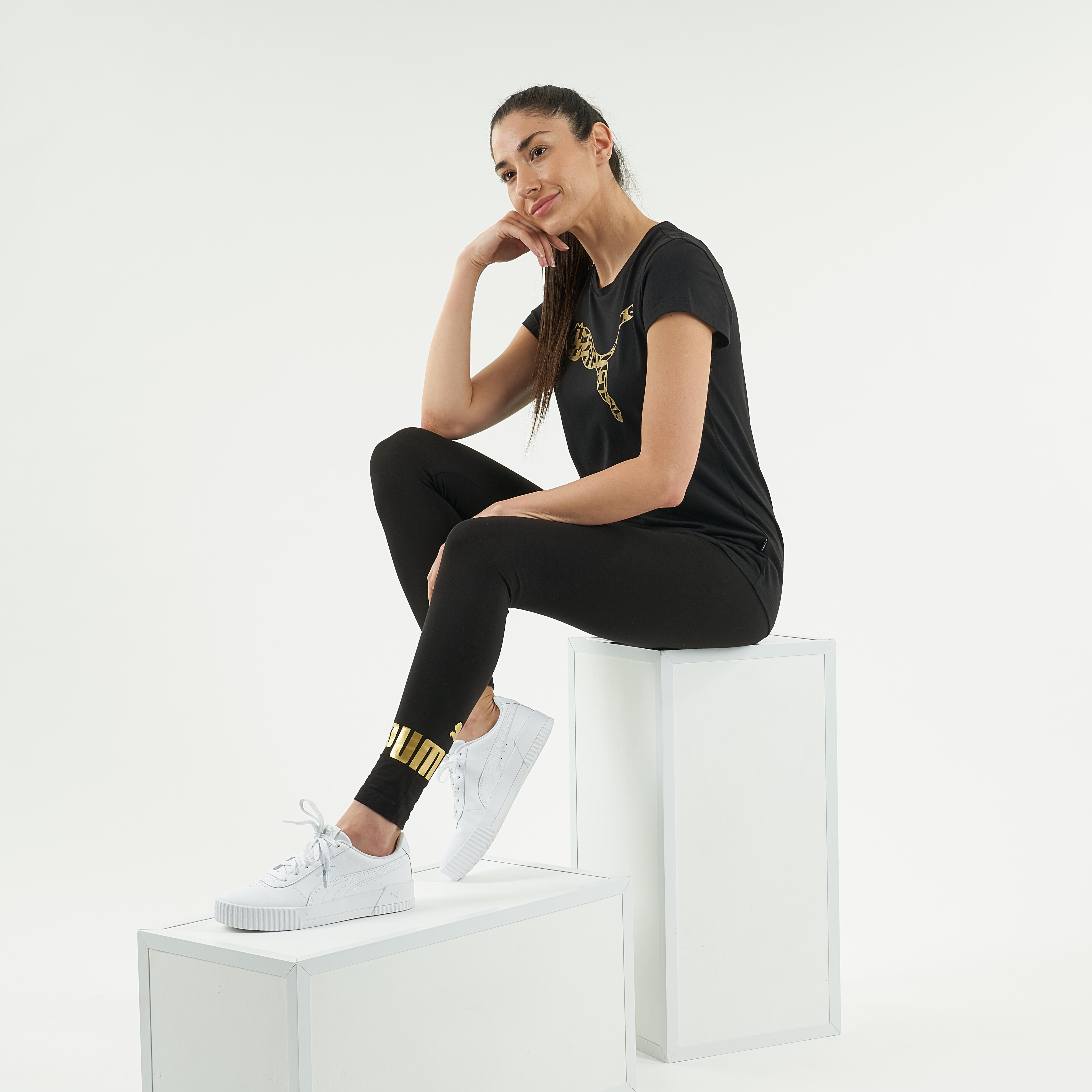Puma Leggings Fitness Baumwolle Damen schwarz mit goldenem Logo