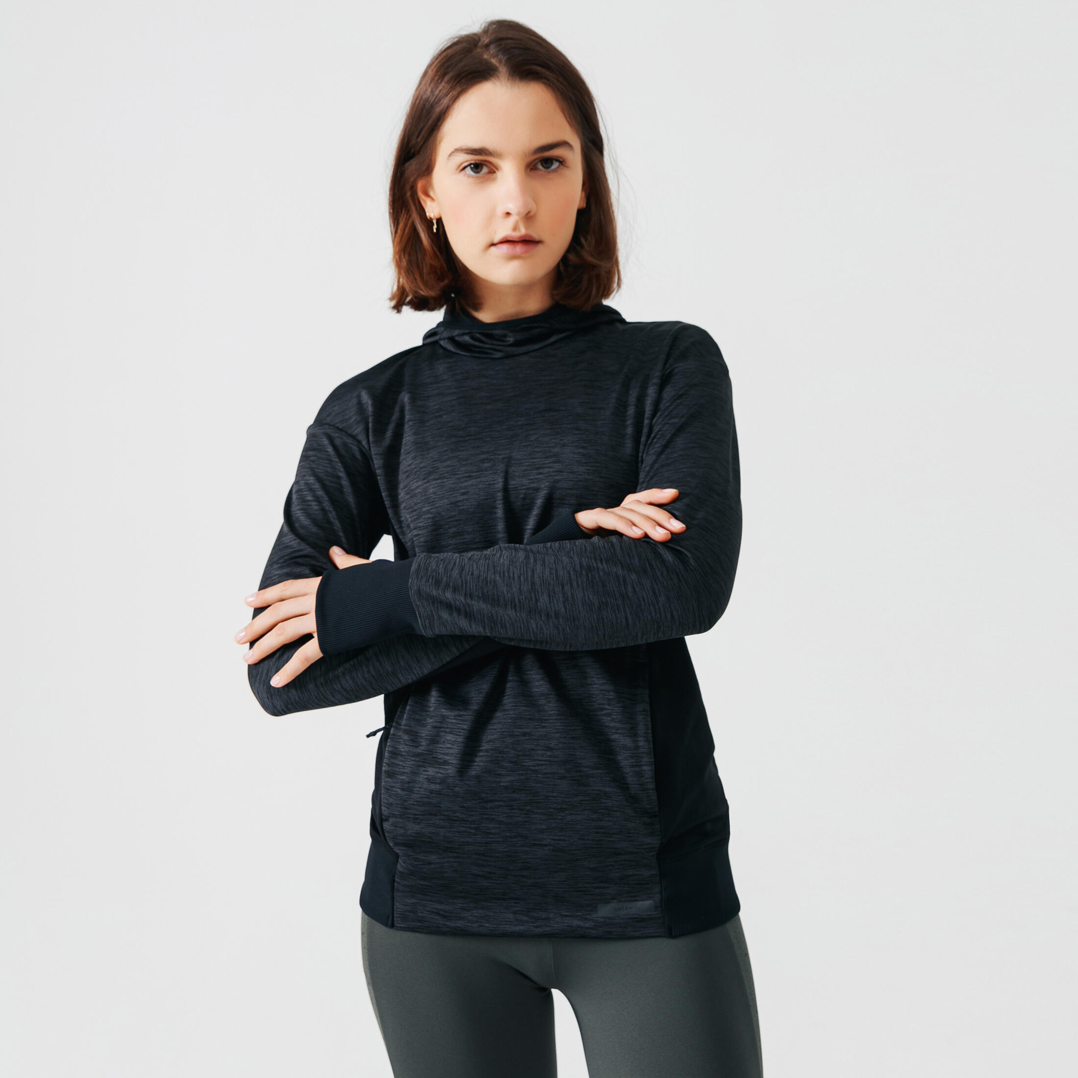 Kalenji Laufshirt langarm mit Kapuze warm Damen schwarz