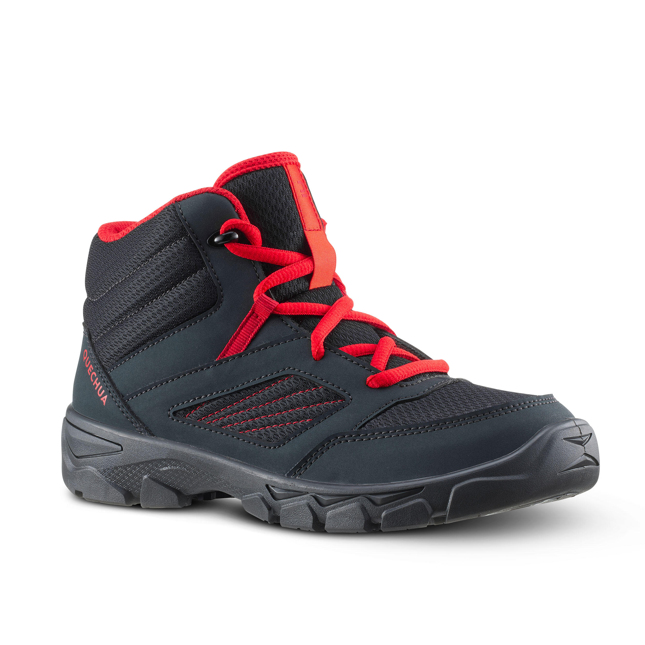Quechua Wanderschuhe MH100 halbhoch mit Schnürung Kinder Gr. 35–38 dunkelgrau/rot