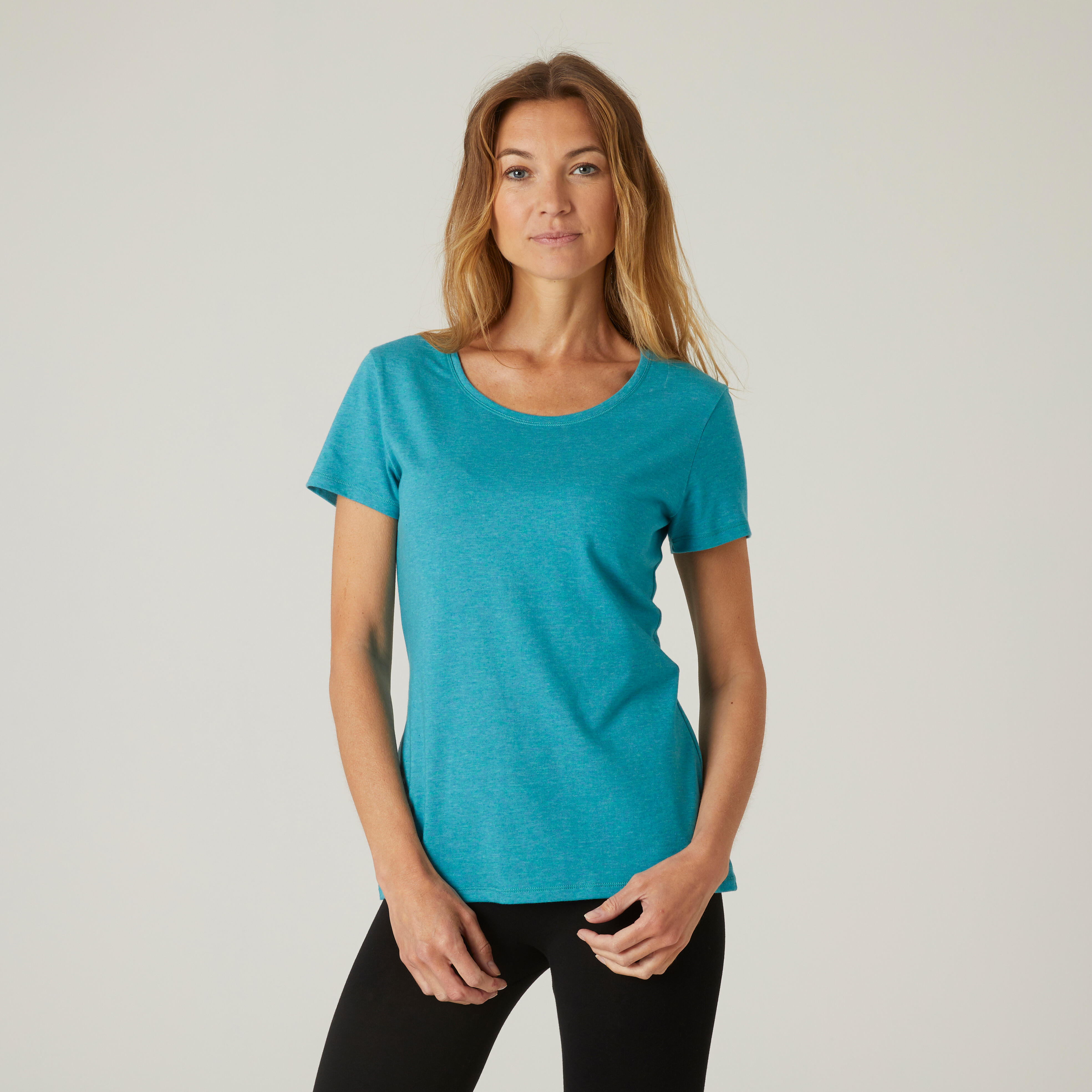 Domyos T-Shirt Fitness Baumwolle dehnbar Rundhals Damen türkis