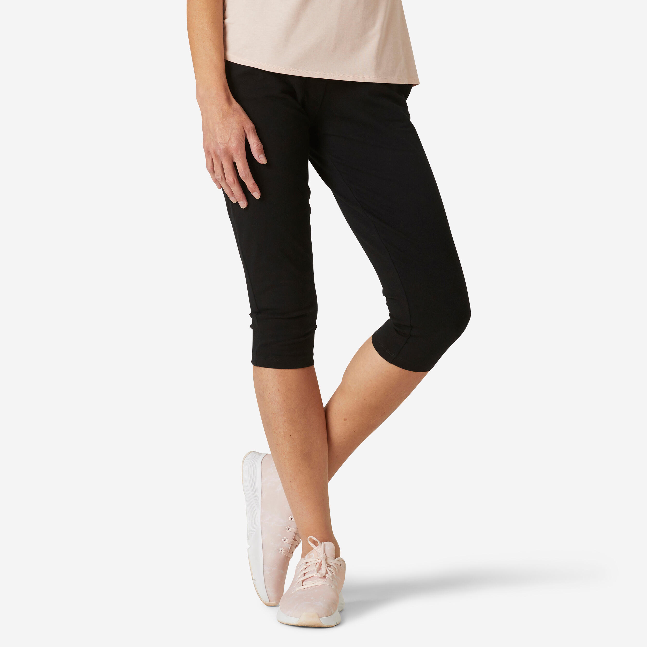 Domyos Leggings 3/4 Abnäher Fitness Fit+ schmaler Schnitt Baumwolle Damen schwarz