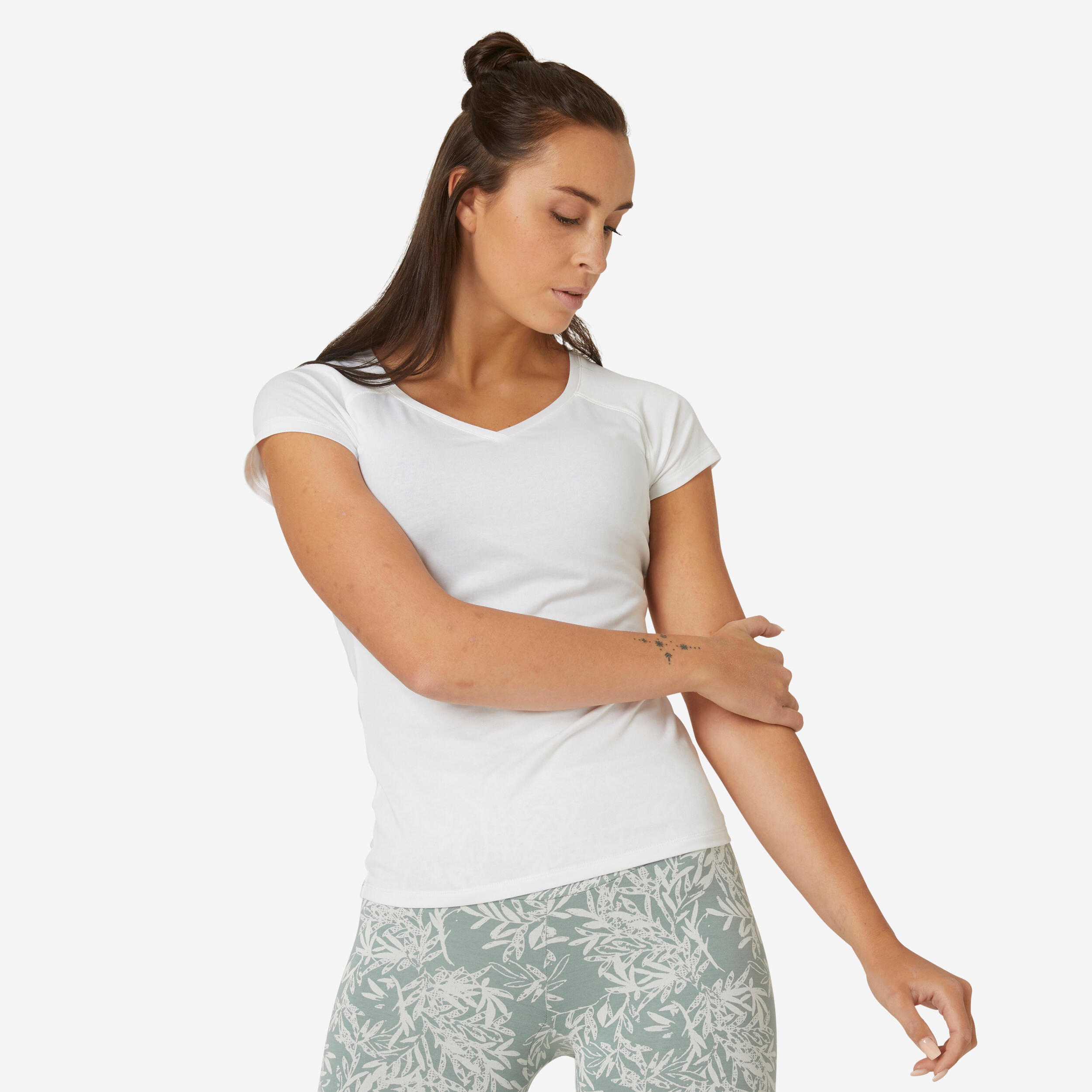 Domyos T-Shirt Fitness 500 Slim V-Ausschnitt Stretch Damen weiss