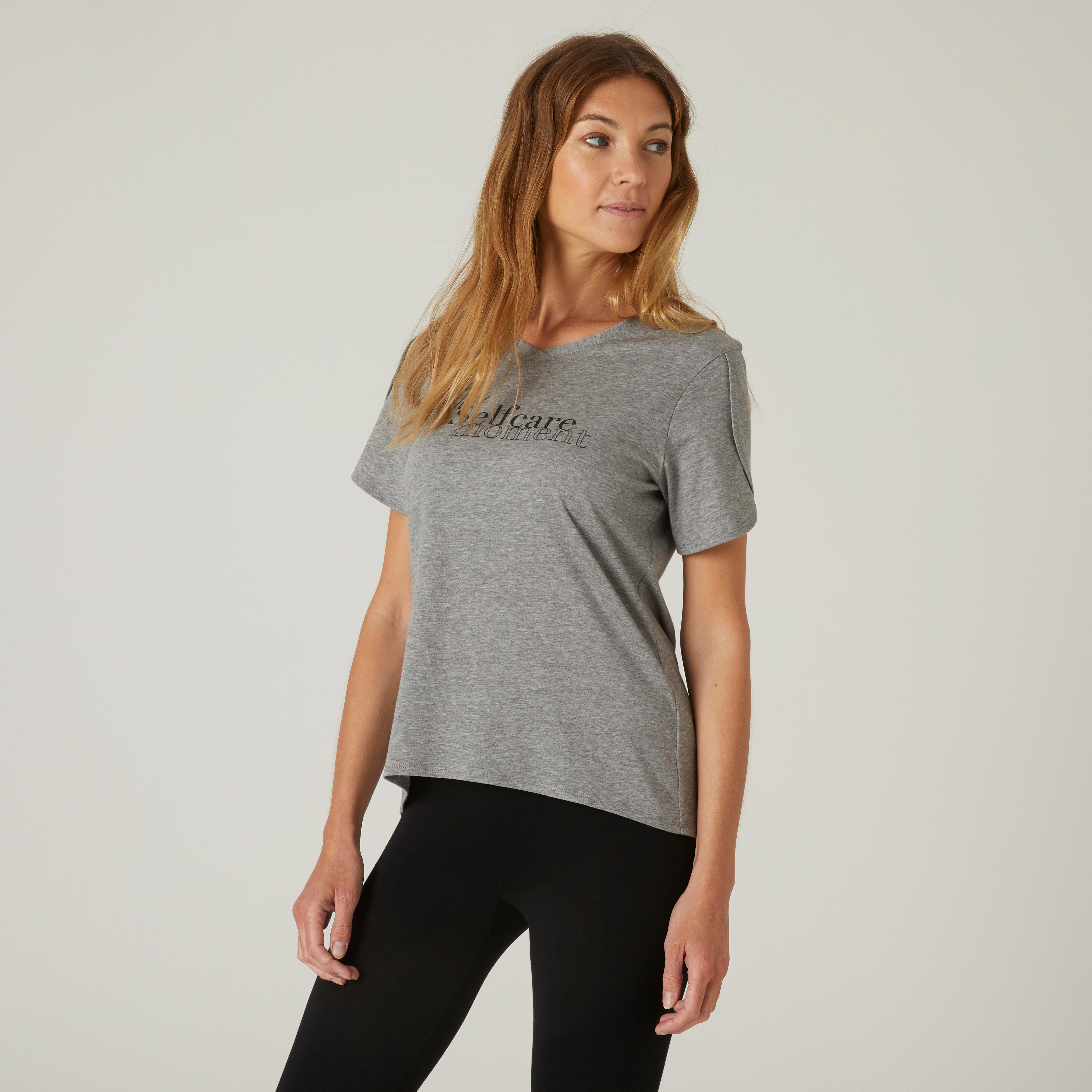 Domyos T-Shirt Fitness 515 Regular V-Ausschnitt Baumwolle Damen grau