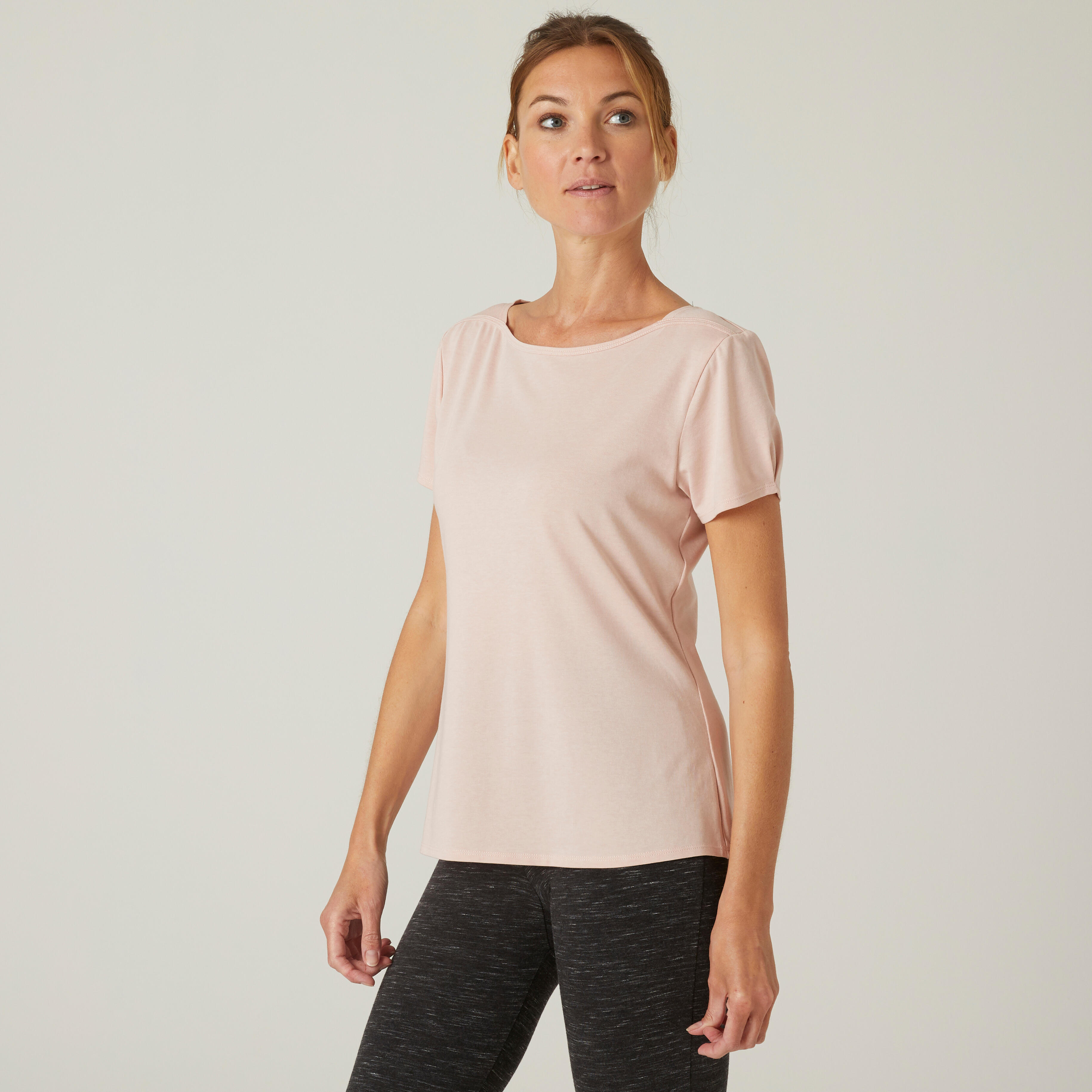 Domyos T-Shirt Fitness Baumwolle dehnbar U-Boot-Ausschnitt Damen weiss