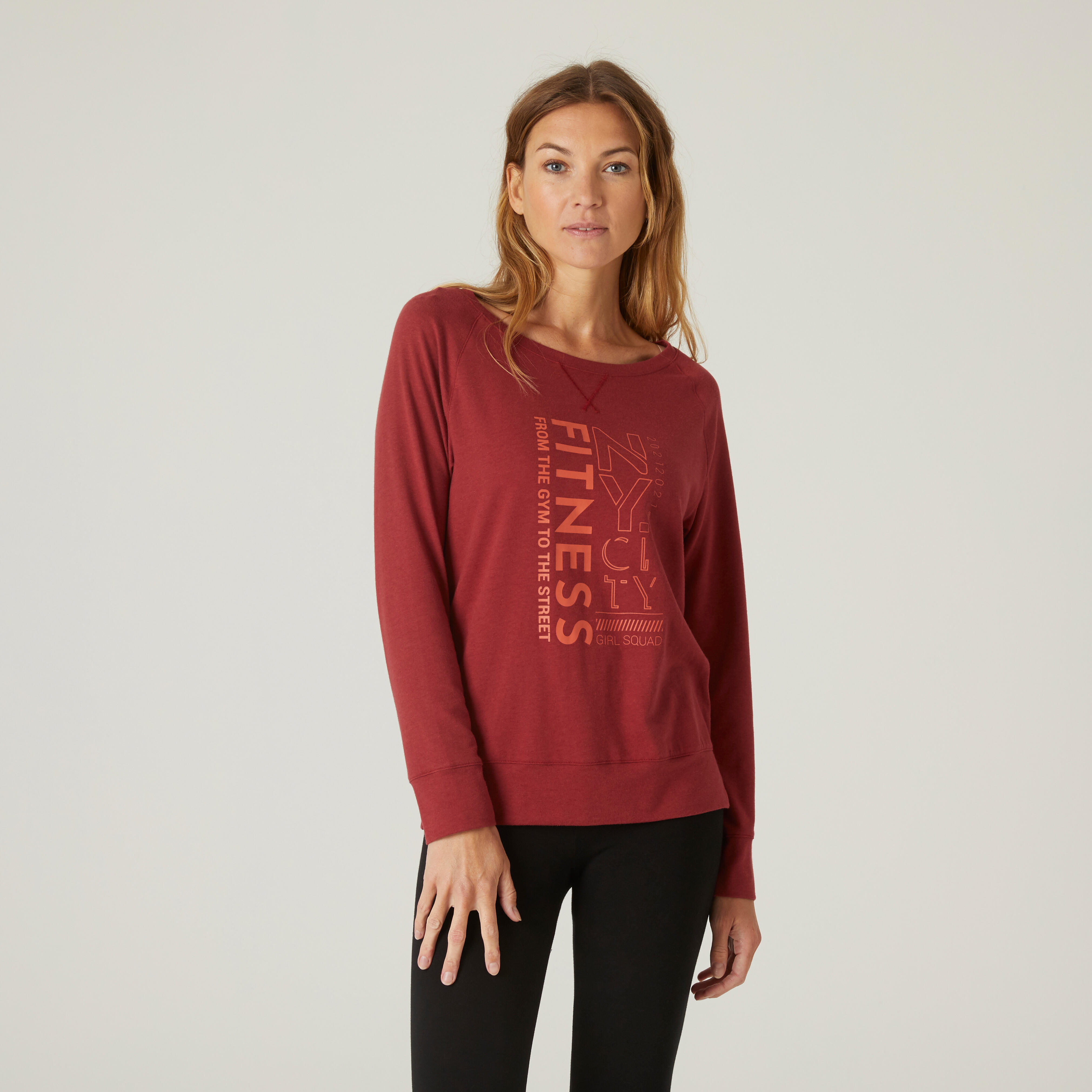 Domyos Langarmshirt 500 Fitness Baumwolle Rundhals Damen grüngrau