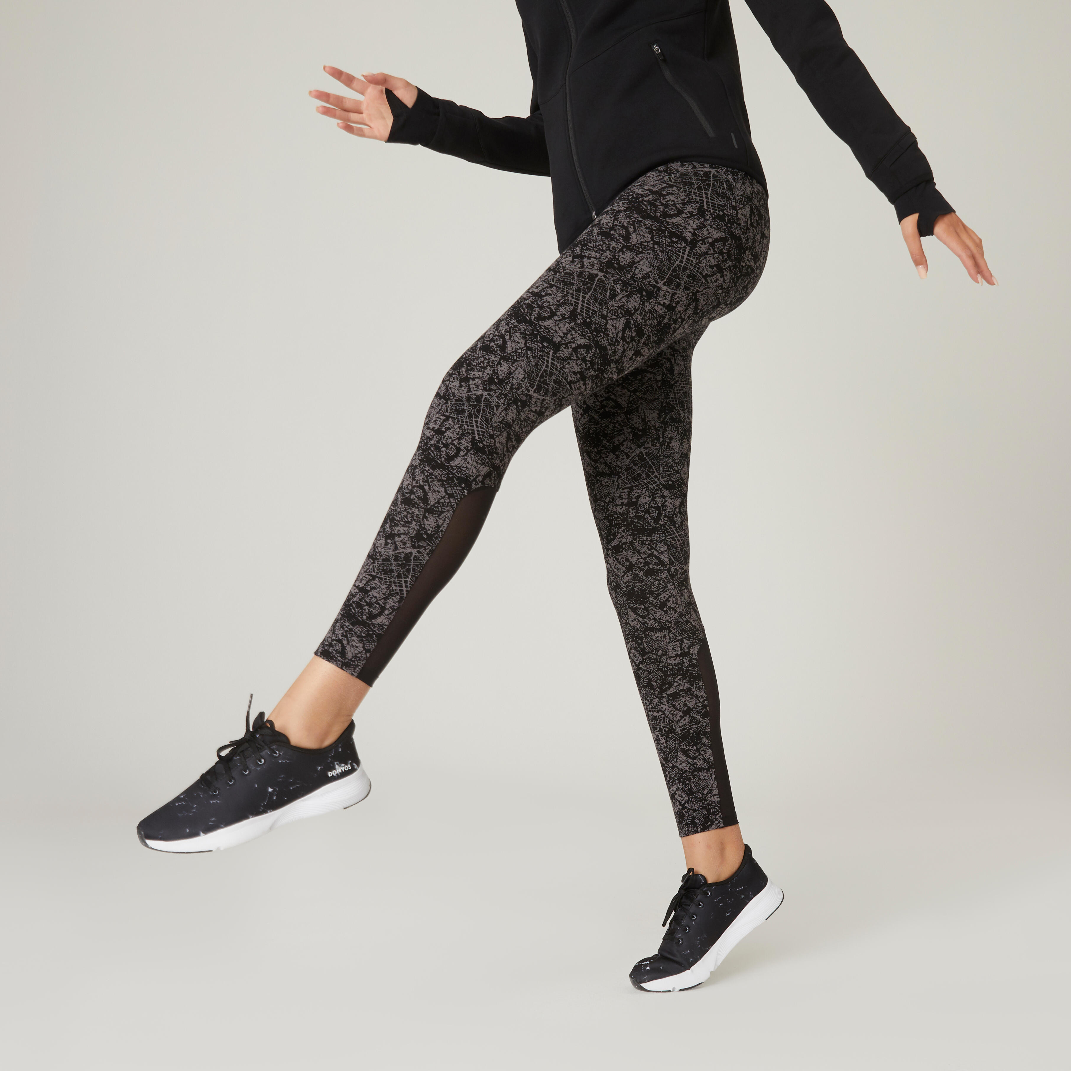 Domyos Leggings Fitness Baumwolle dehnbar hohe Taille Mesh Damen schwarz mit Print