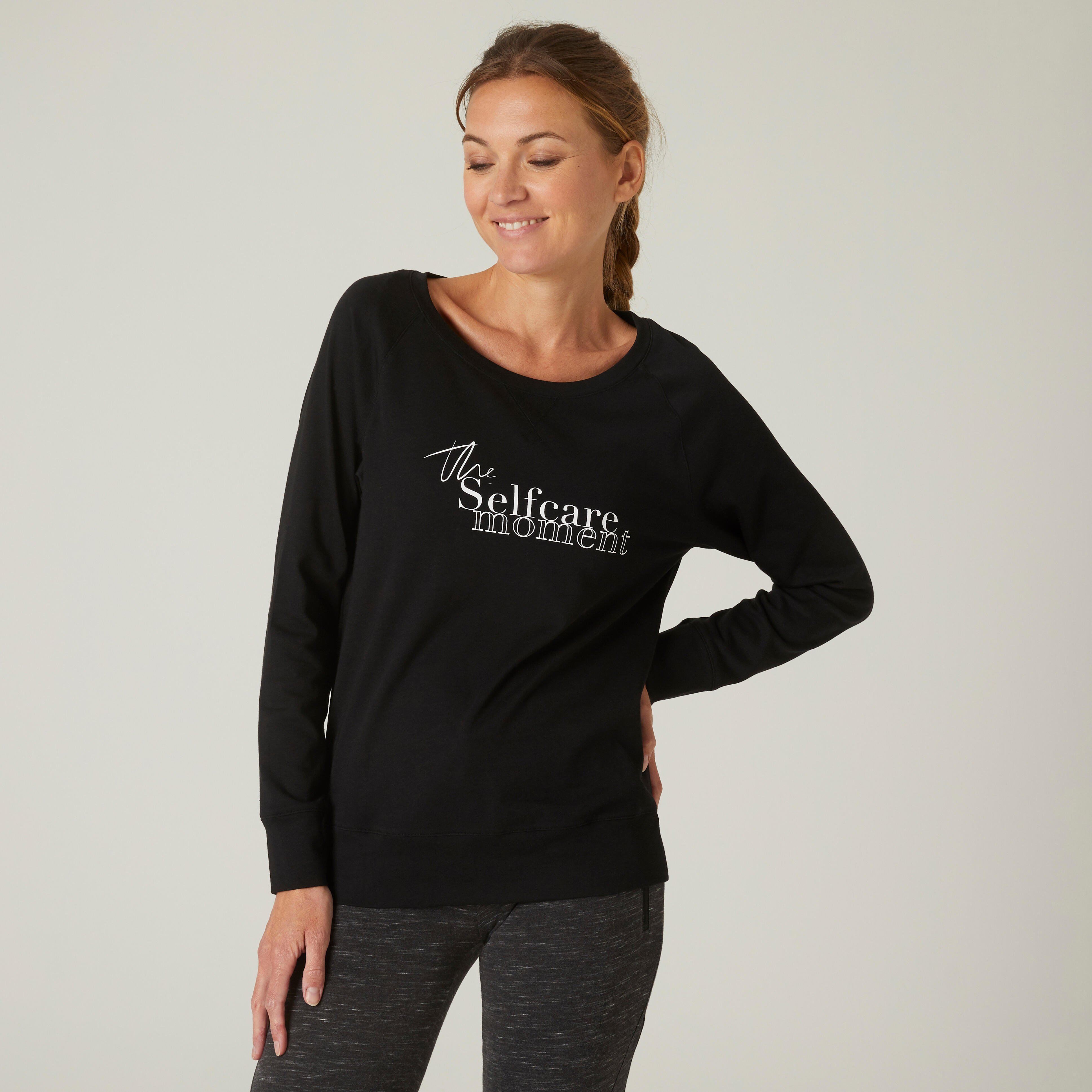 Domyos Langarmshirt Fitness 500 Regular Baumwolle Rundhals Damen schwarz