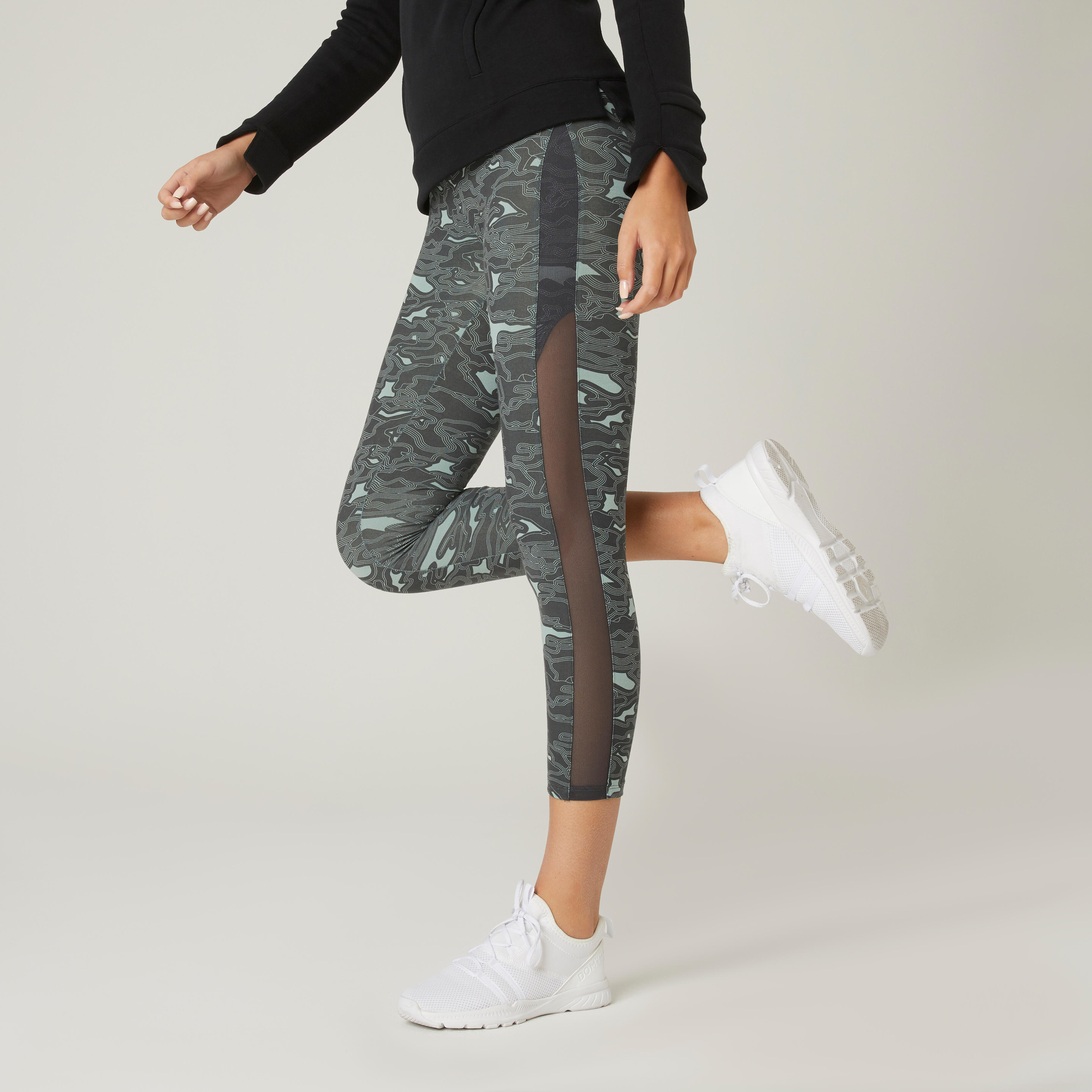 Domyos 7/8-Leggings aus dehnbarer Baumwolle Fitness kurz grün mit Print