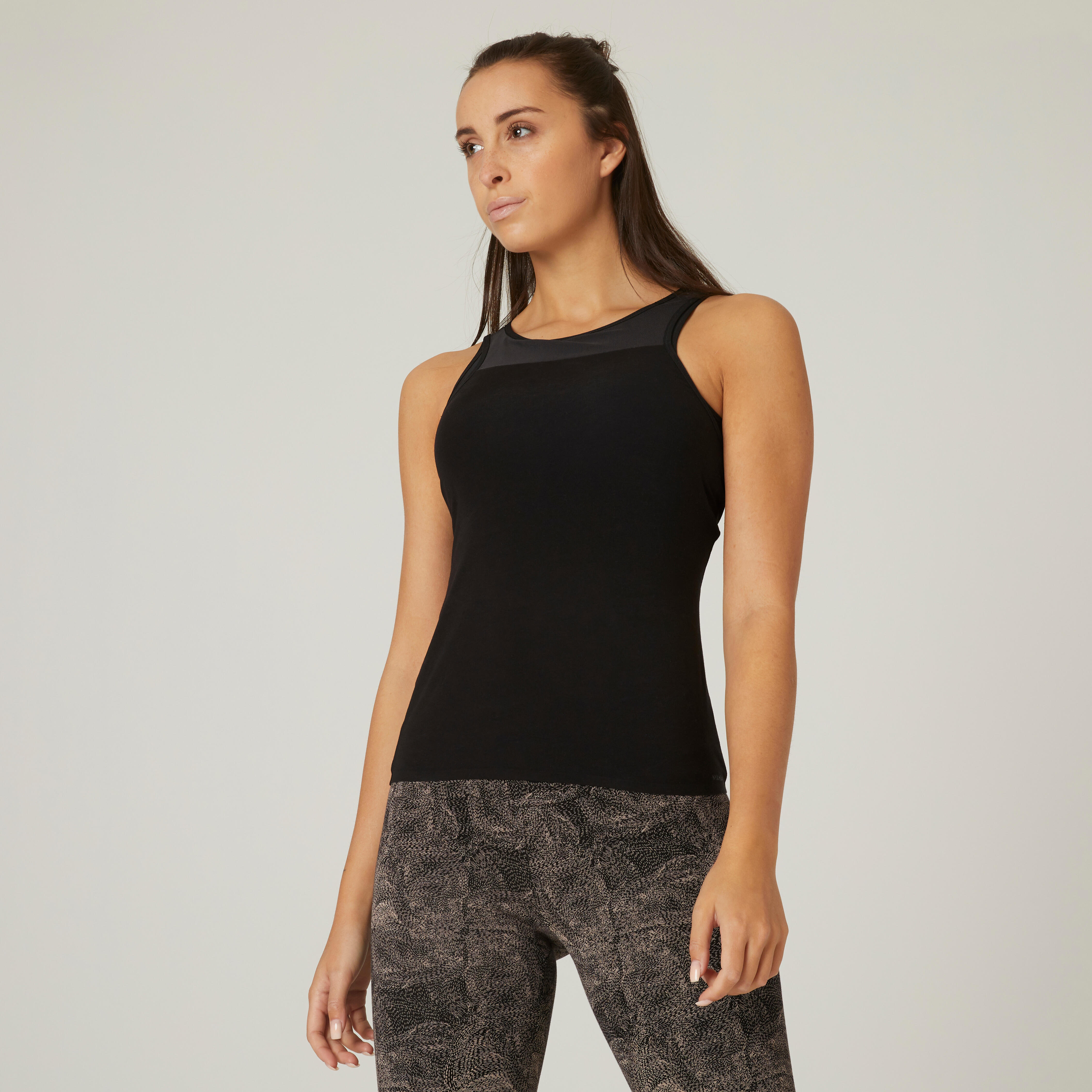 Domyos Top Slim 900 Fitness Rundhals Baumwolle integriertes Bustier Damen schwarz
