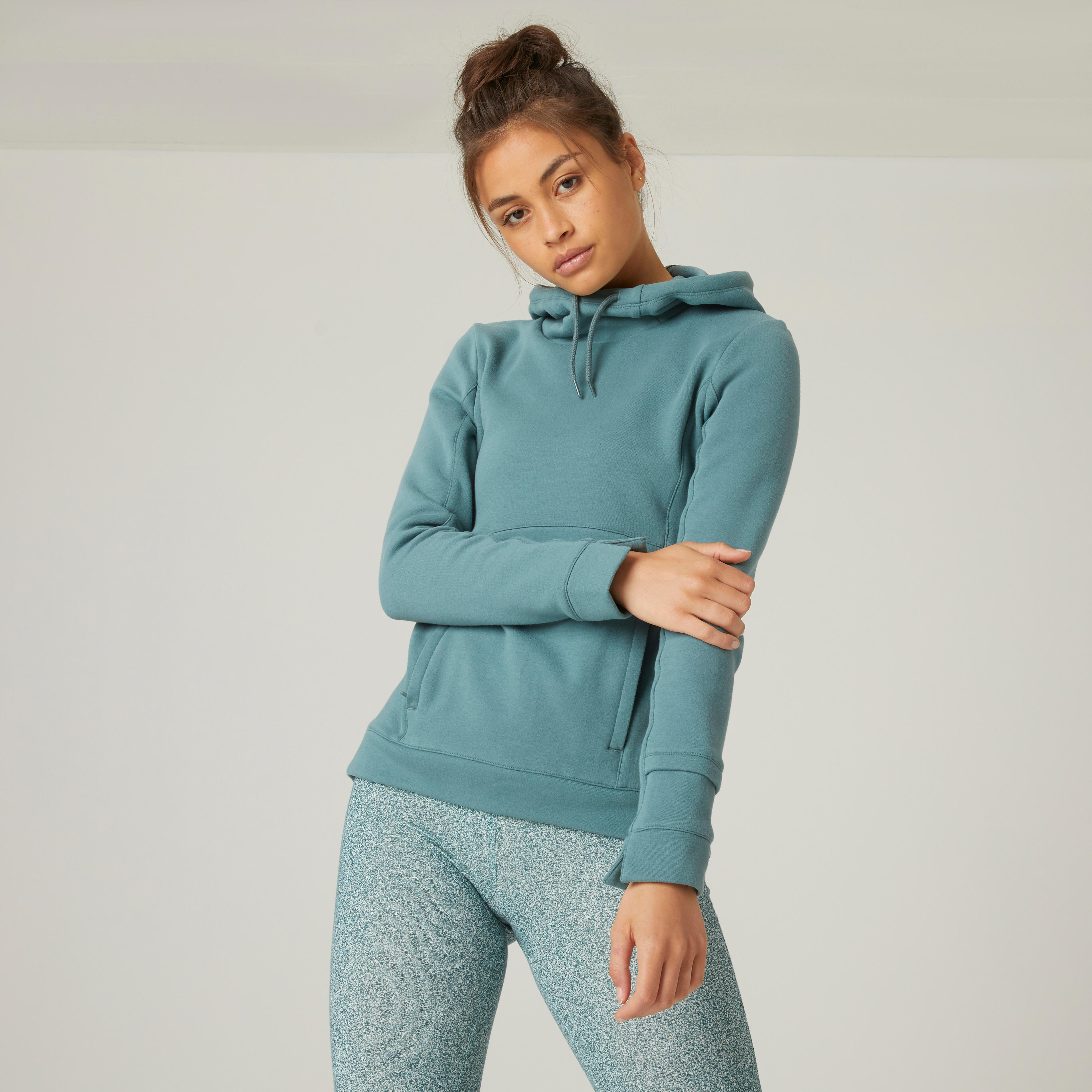Domyos Kapuzenpullover Fitness hoher Kragen Damen schwarz