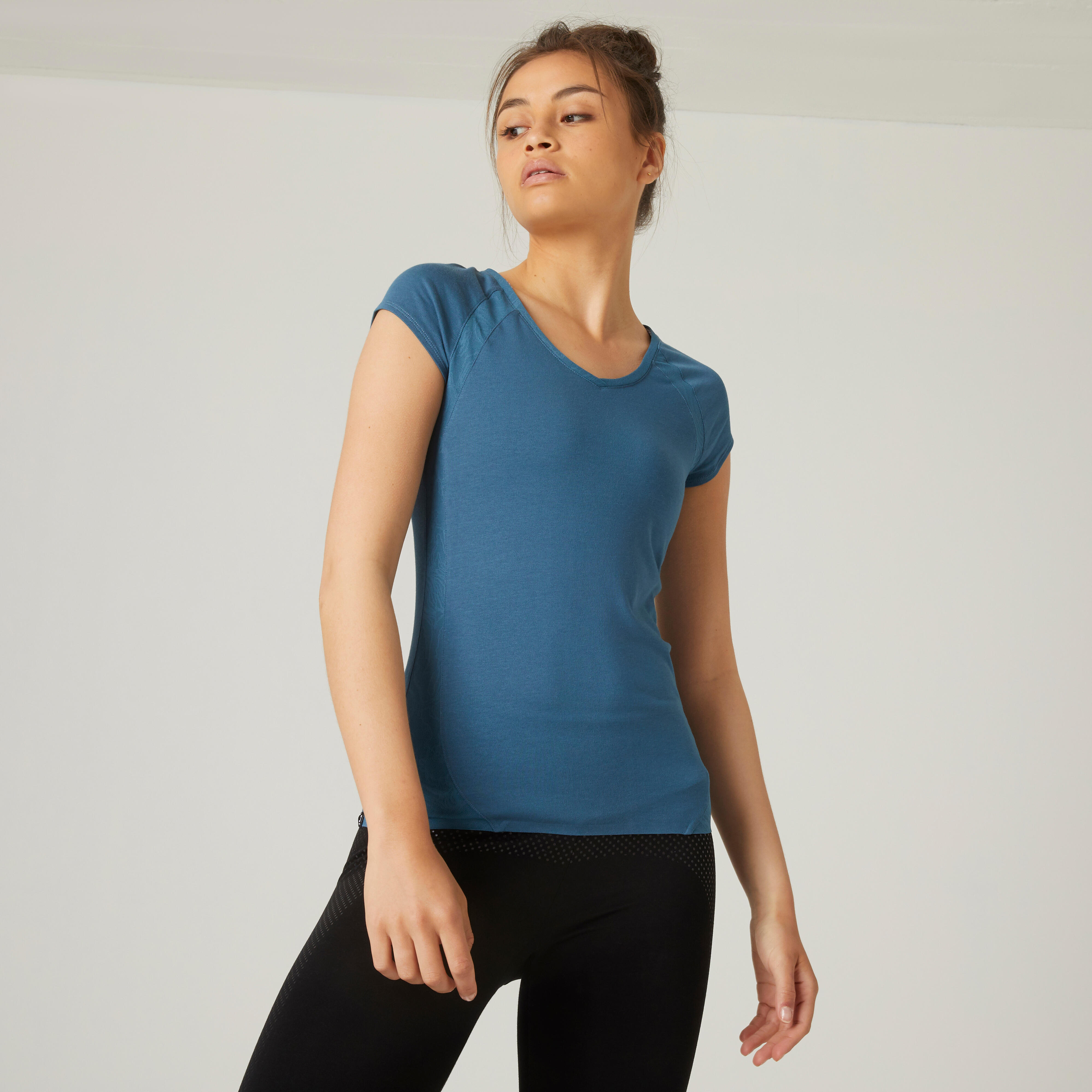 Domyos T-Shirt 900 Fitness Slim V-Ausschnitt Baumwolle Damen blaugrün