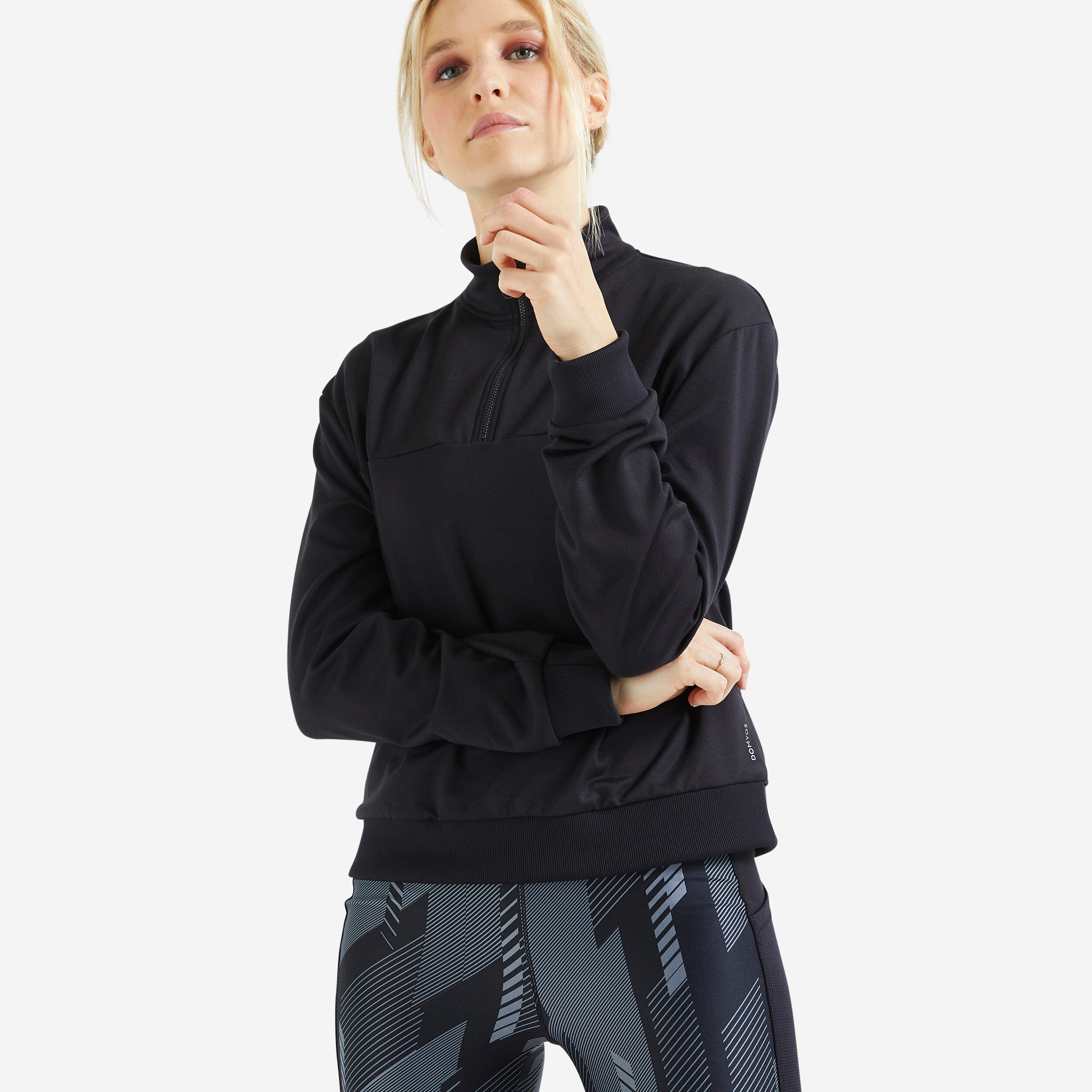 Domyos Sweatshirt kurzer Schnitt langärmelig Fitness Cardio Damen schwarz