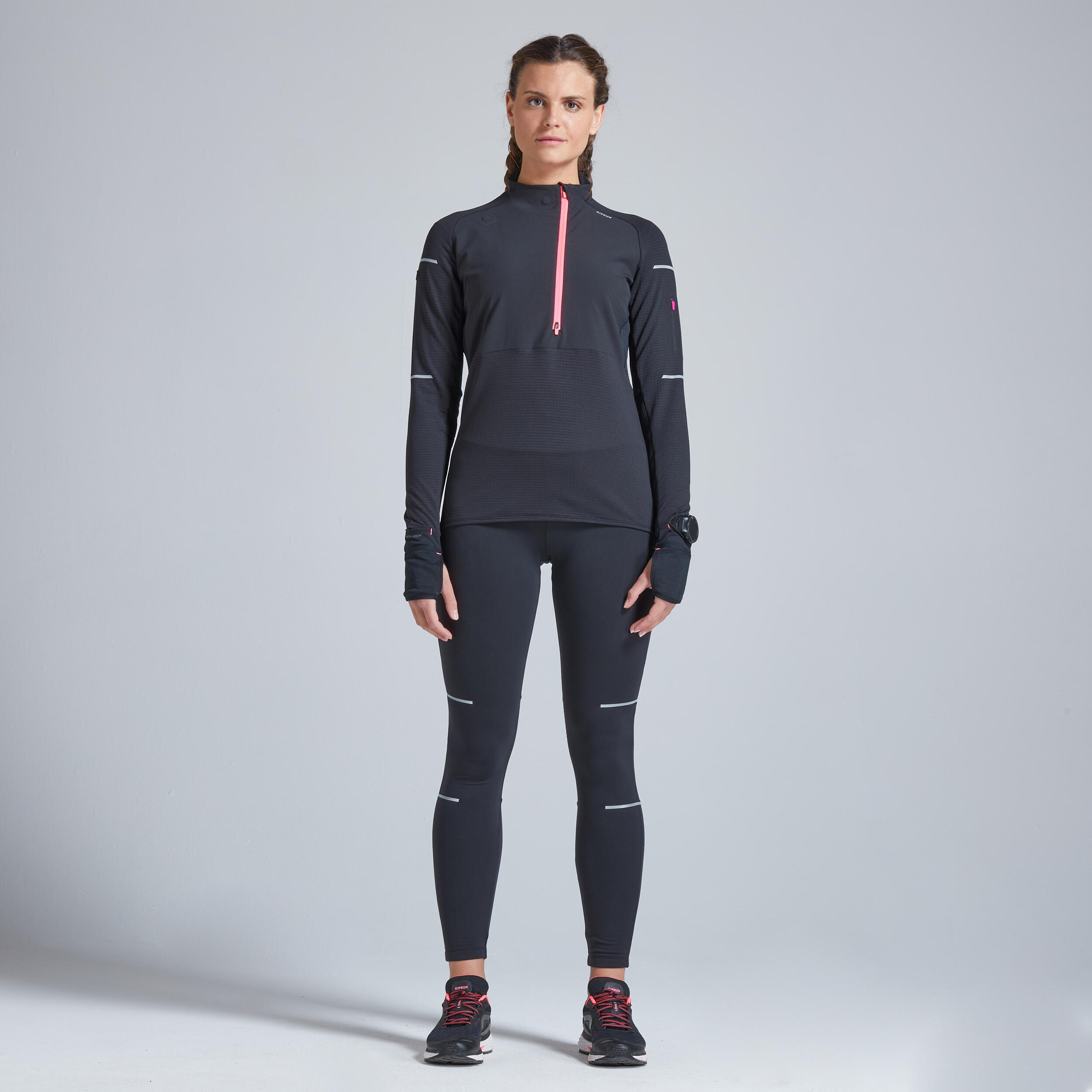 Kiprun Laufshirt langarm Winter Kiprun Warm Regul Damen schwarz/koralle