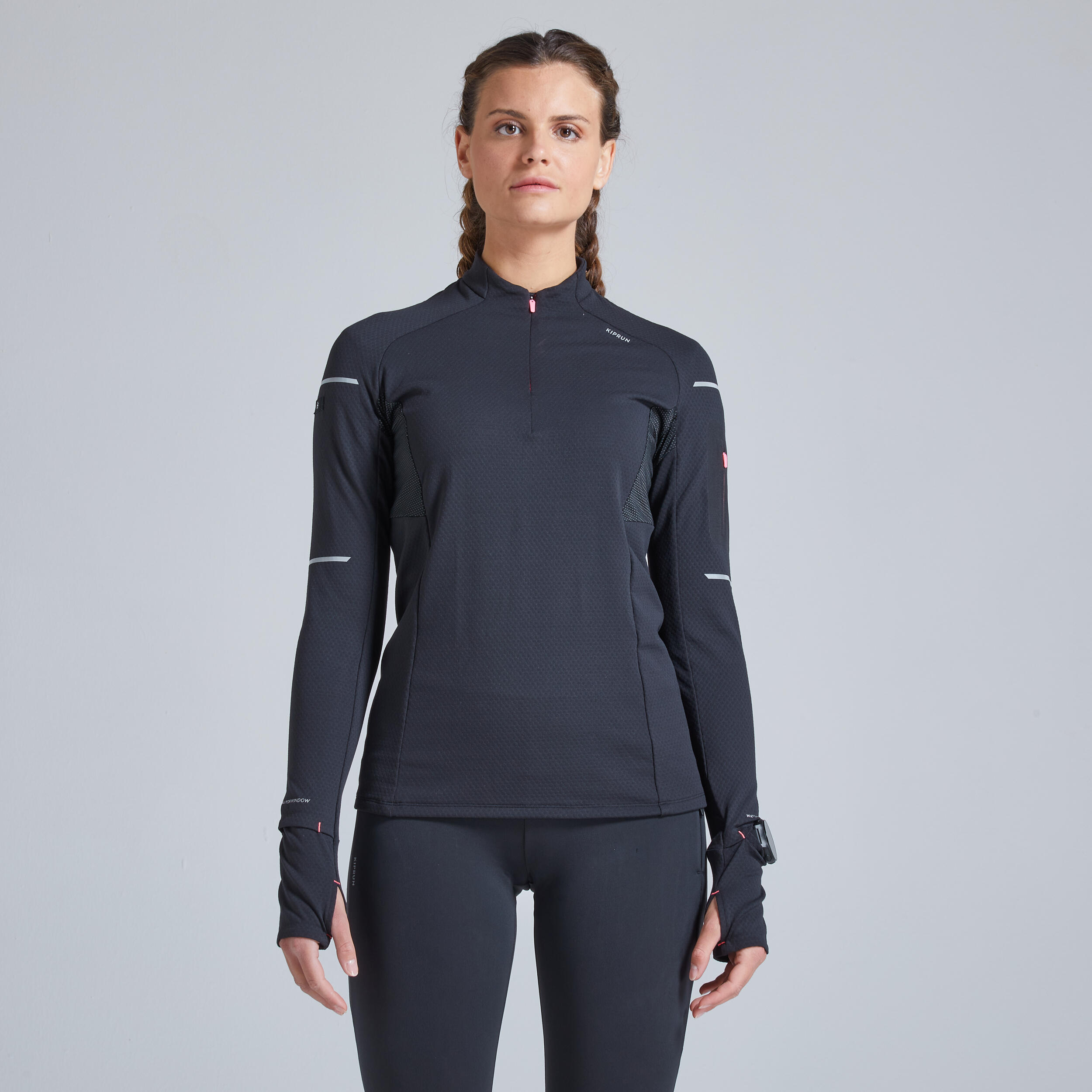 Kiprun Laufshirt langarm Winter Kiprun Warm Light Damen schwarz/rosa