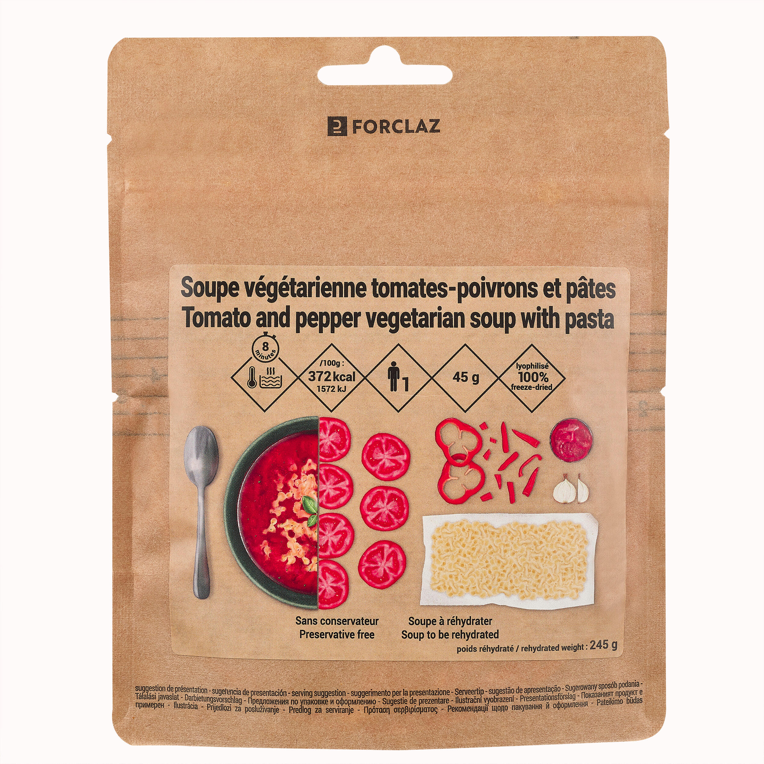 Forclaz Trekkingnahrung Suppe vegetarisch Tomaten Paprika Nudeln gefriergetrocknet 45 g