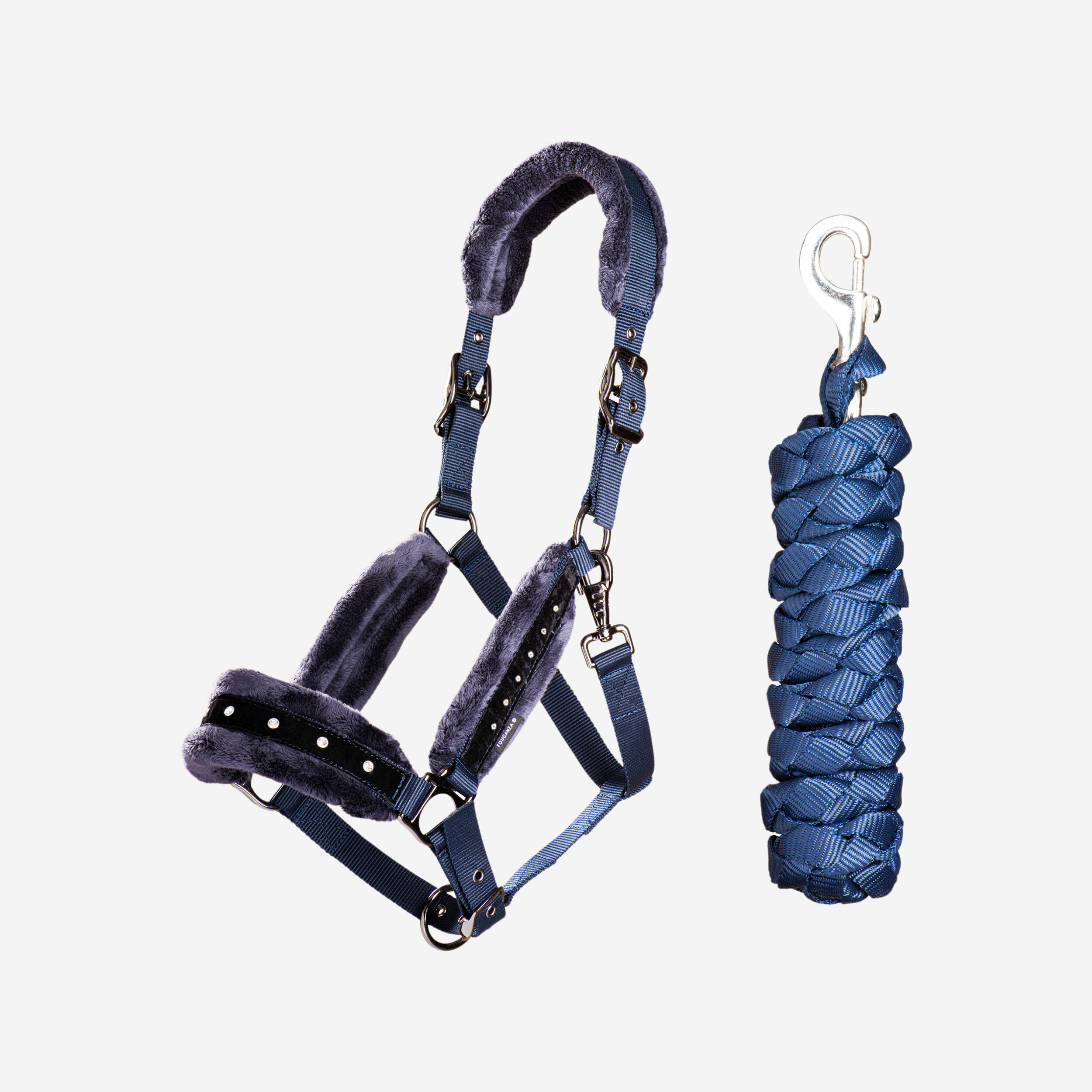 Fouganza Halfter + Führstrick Pony/Pferd Strass blau/schwarz