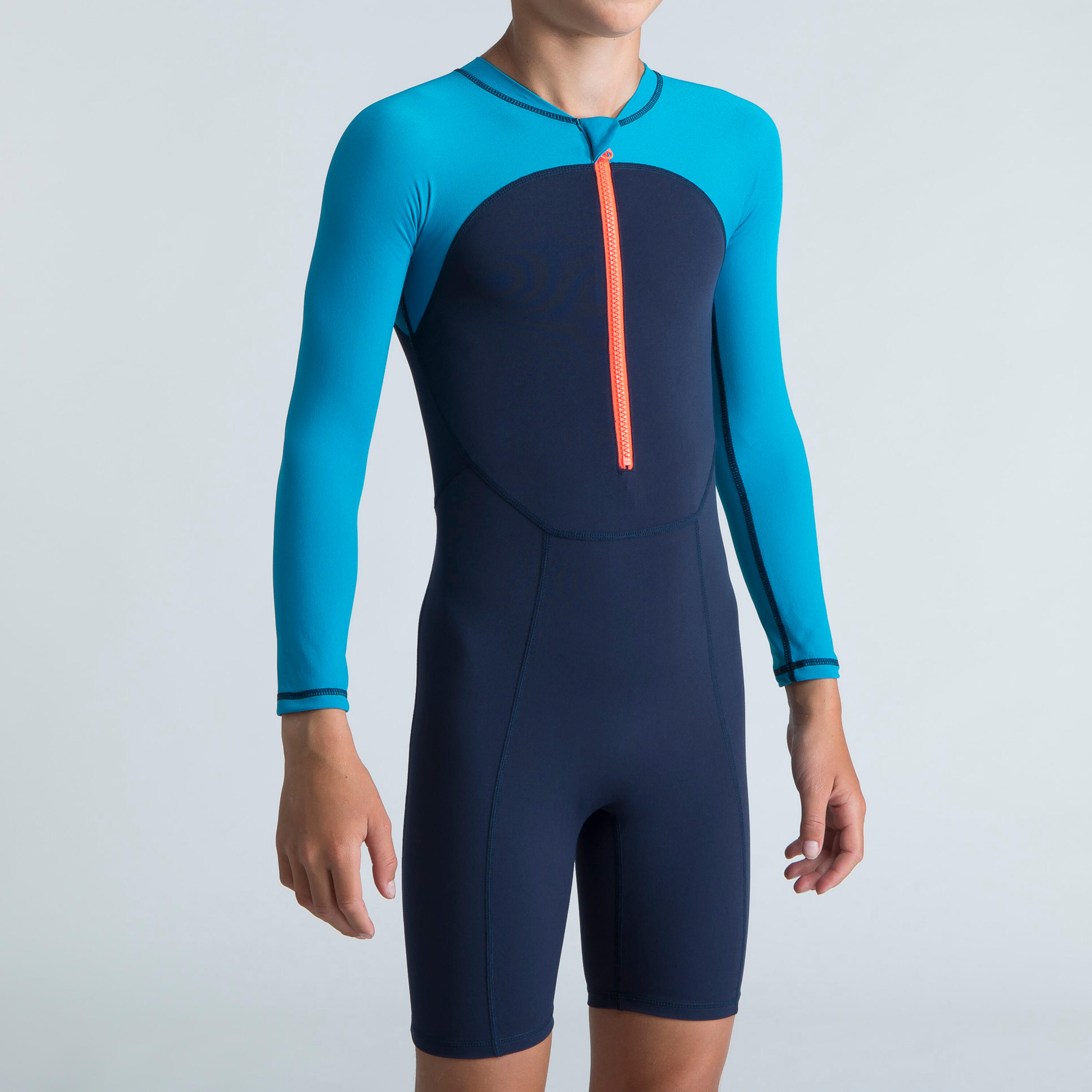 Nabaiji Schwimmanzug Shorty langarm Kinder mit kurzem Reißverschluss 100 blau