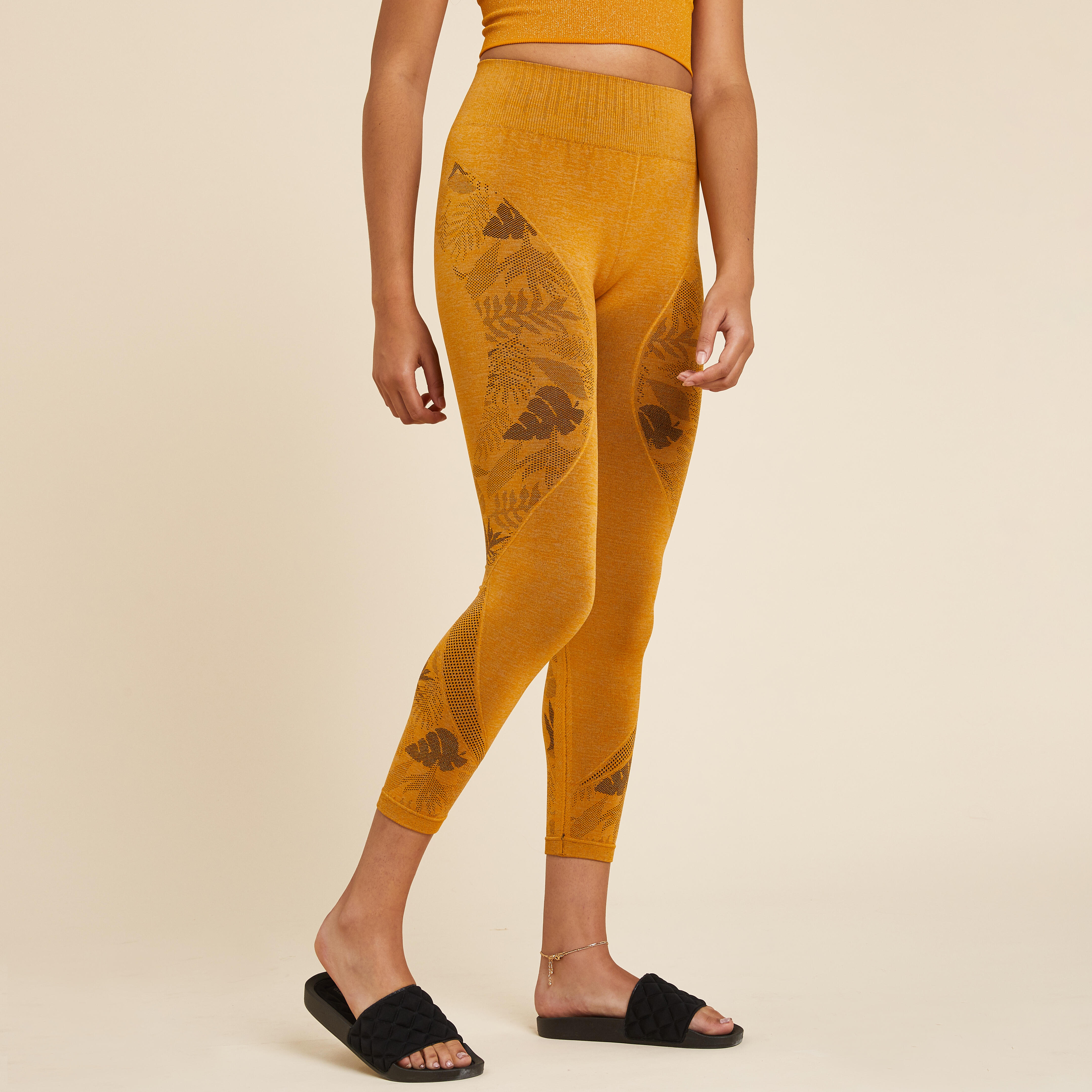 Kimjaly Leggings 7/8 dynamisches Yoga nahtlos Damen ockerfarben meliert