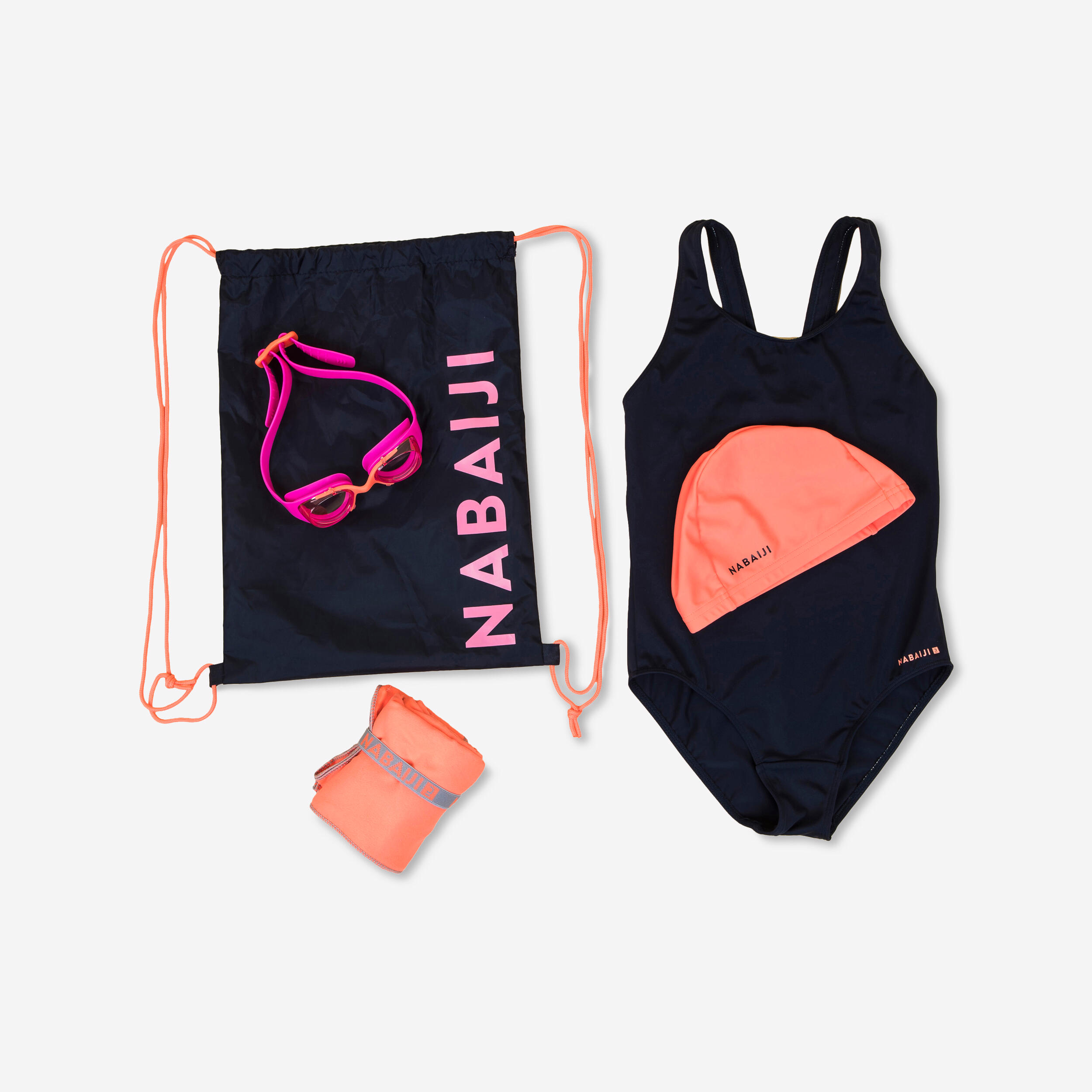 Nabaiji Schwimm-Set 100 Start Mädchen Badeanzug, Brille, Kappe, Handtuch, Tasche koralle