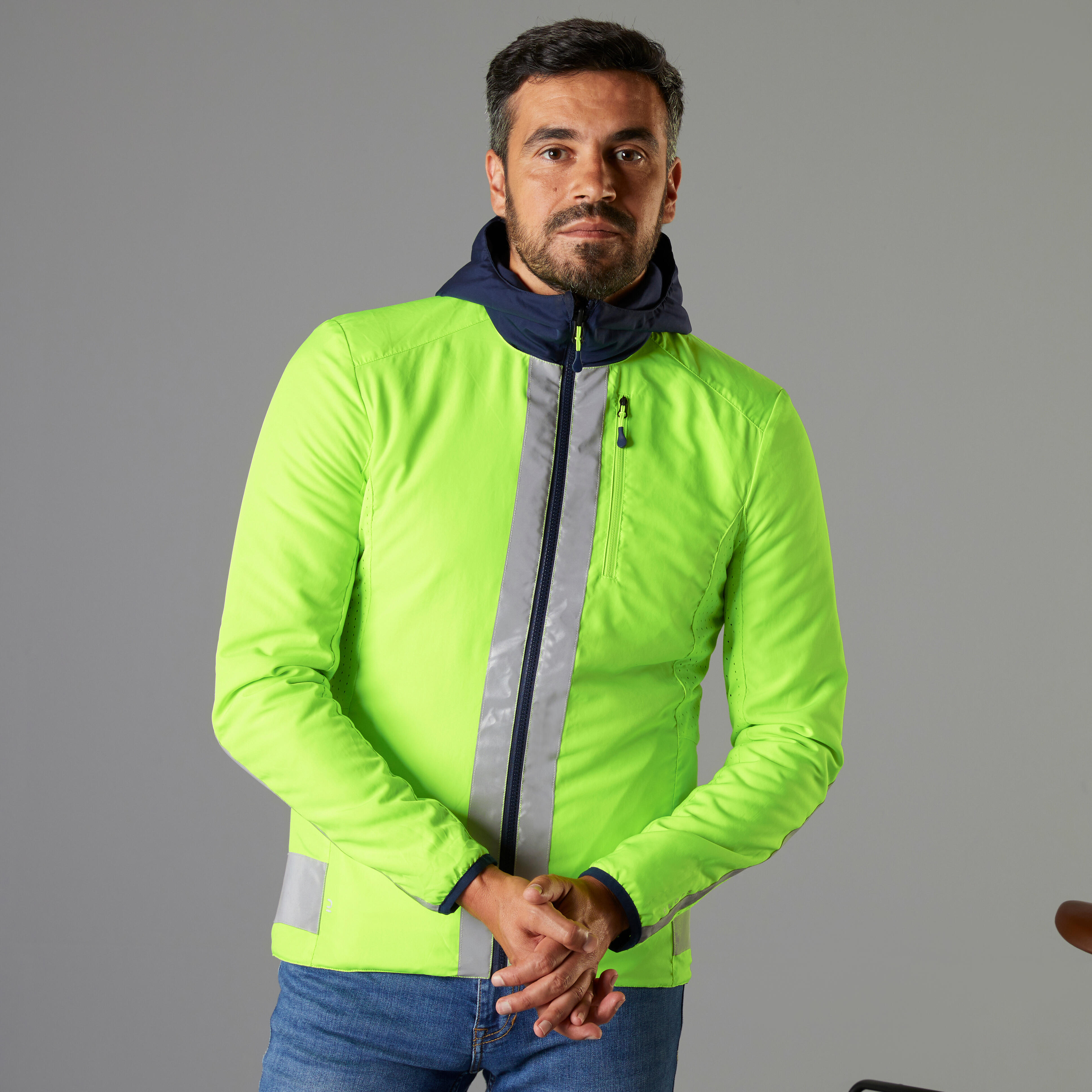Btwin Fahrradjacke Warn-Wendejacke 560 Herren PSA-zertifiziert blau/gelb