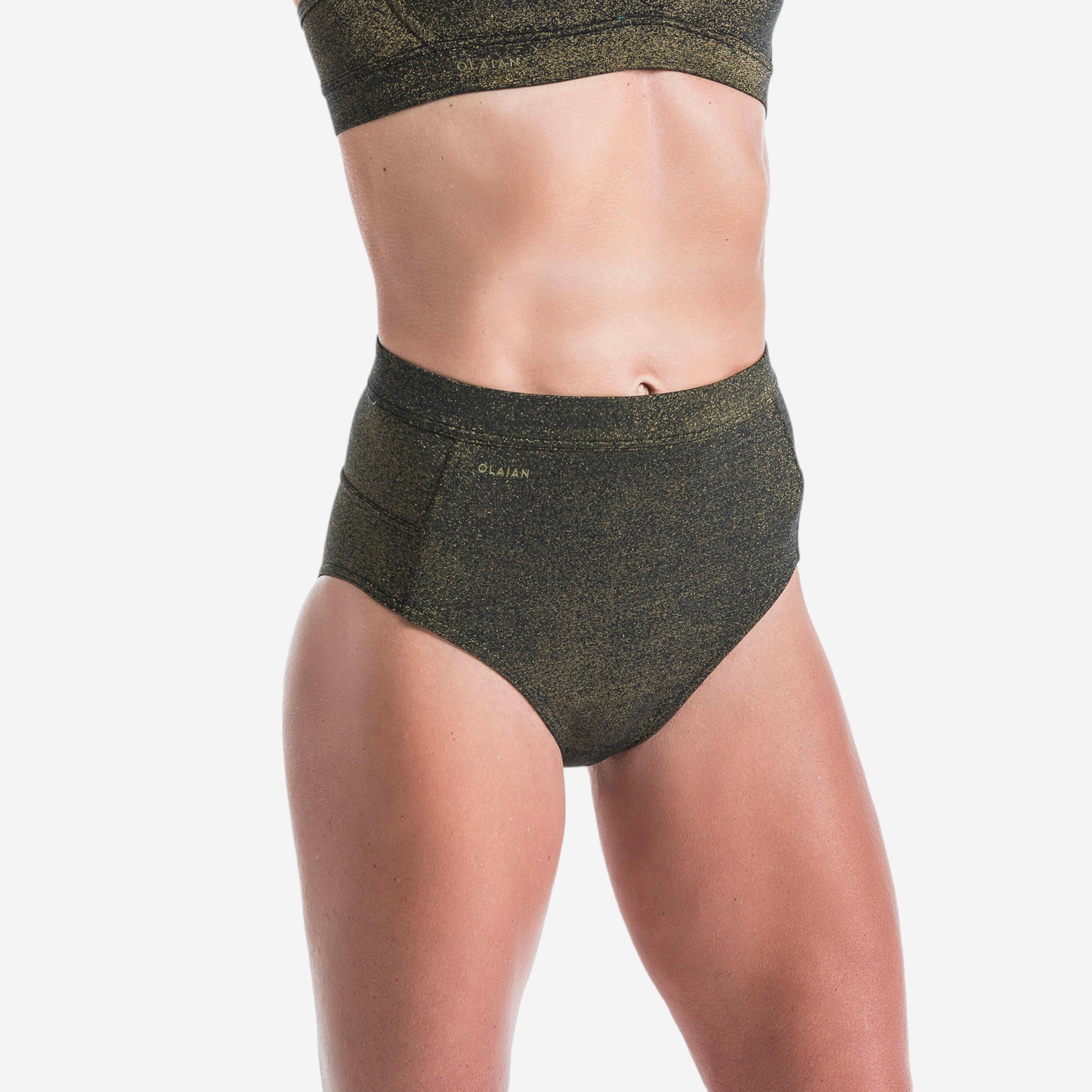 Olaian Bikini-Hose Damen hoher breiter Taillenbund Rosa Pailletten schwarz/kaki