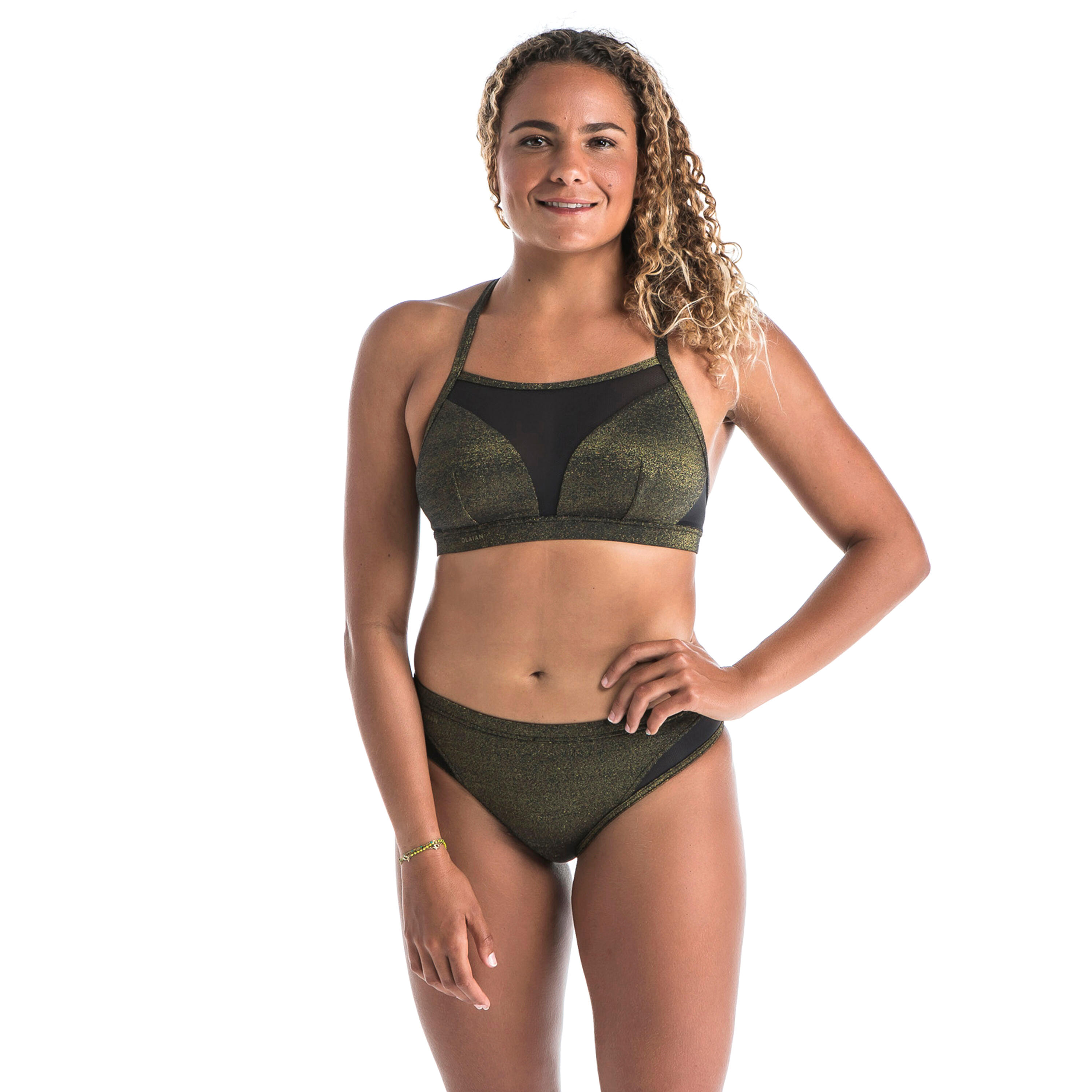 Olaian Bikini-Oberteil Damen Bustier doppelt verstellbar Elise Pailletten schwarz/kaki