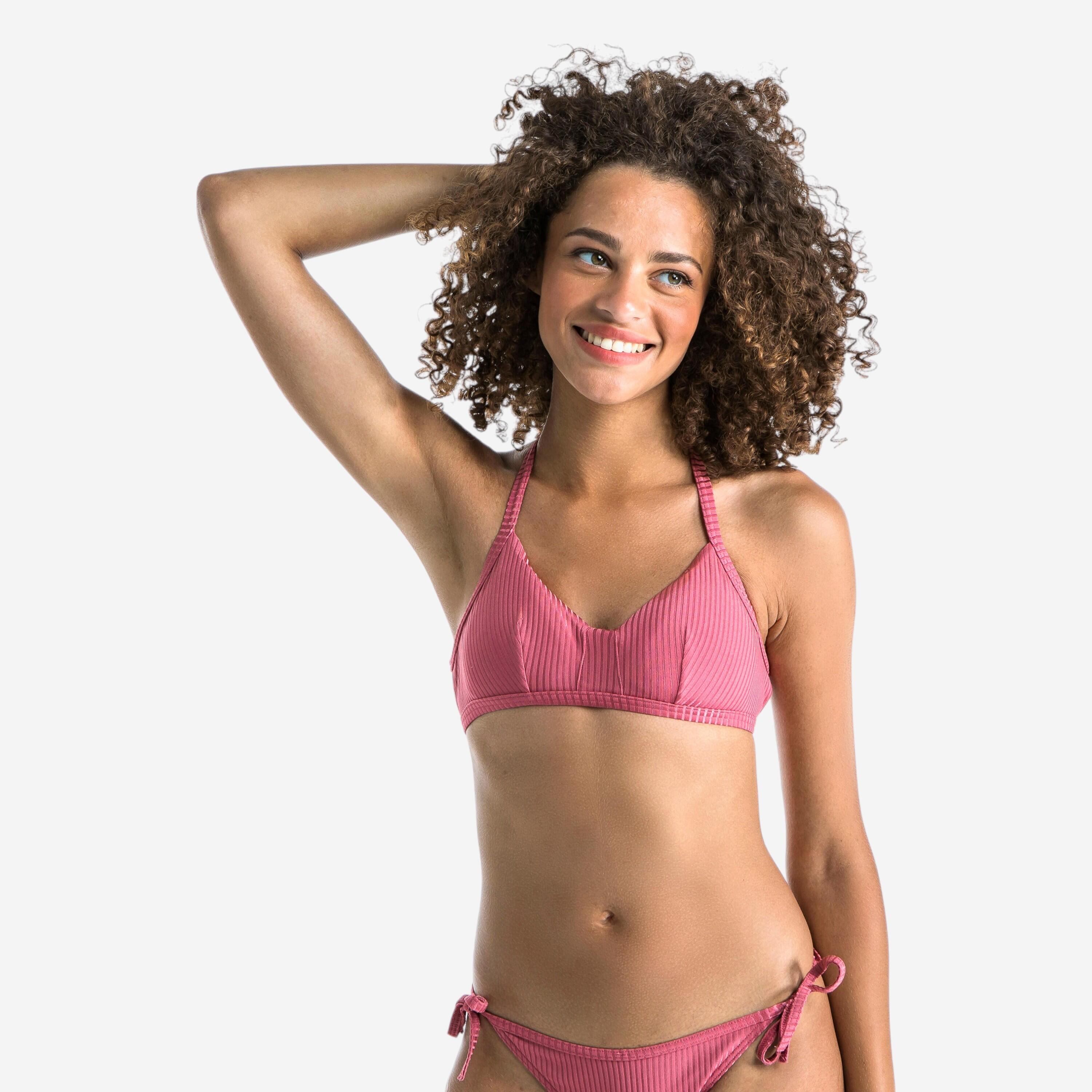 Olaian Bikini-Oberteil Damen Bustier freier Rücken herausnehmbare Formschalen Caro rosa