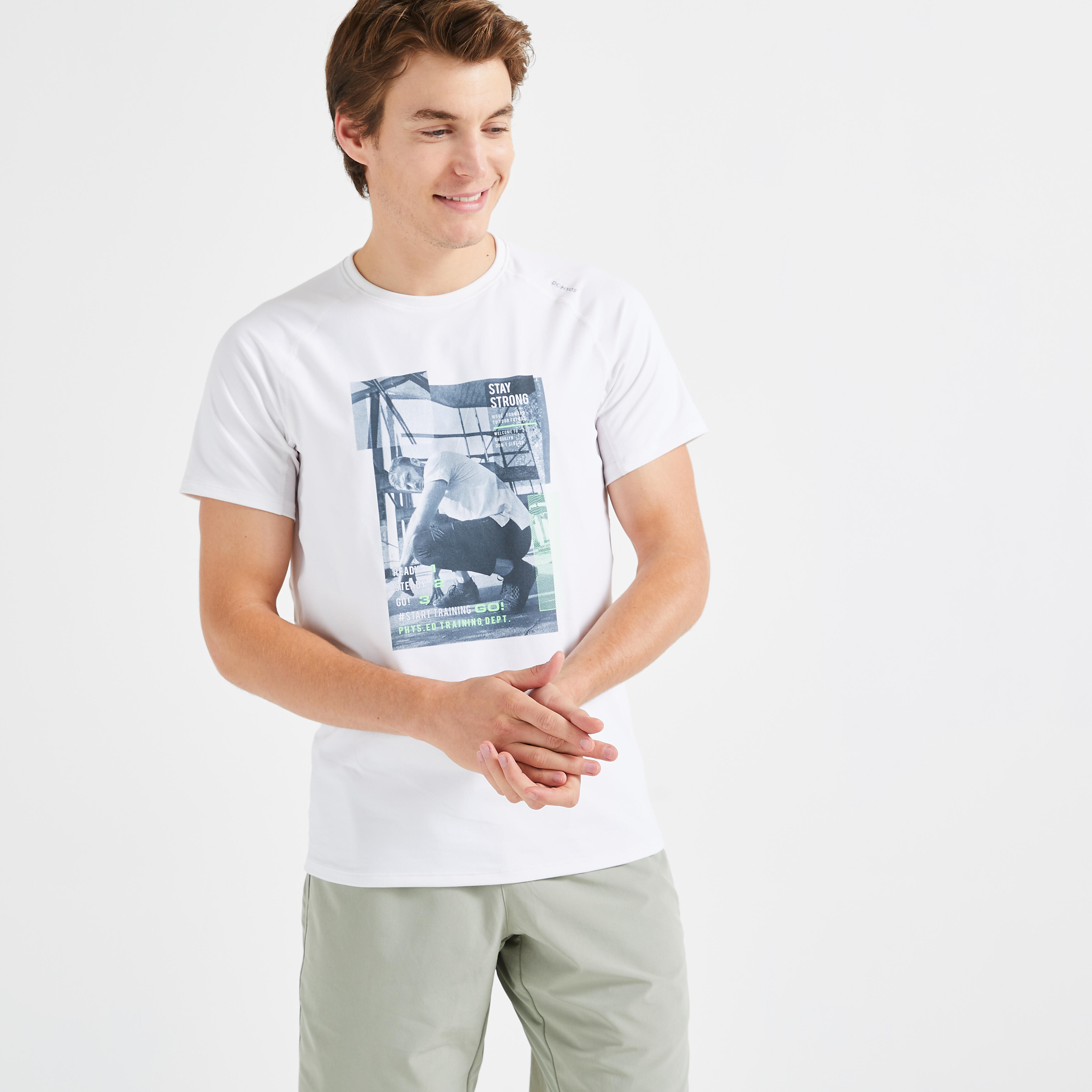 Domyos T-Shirt 120 Fitness atmungsaktiv Rundhals Herren blau mit Print