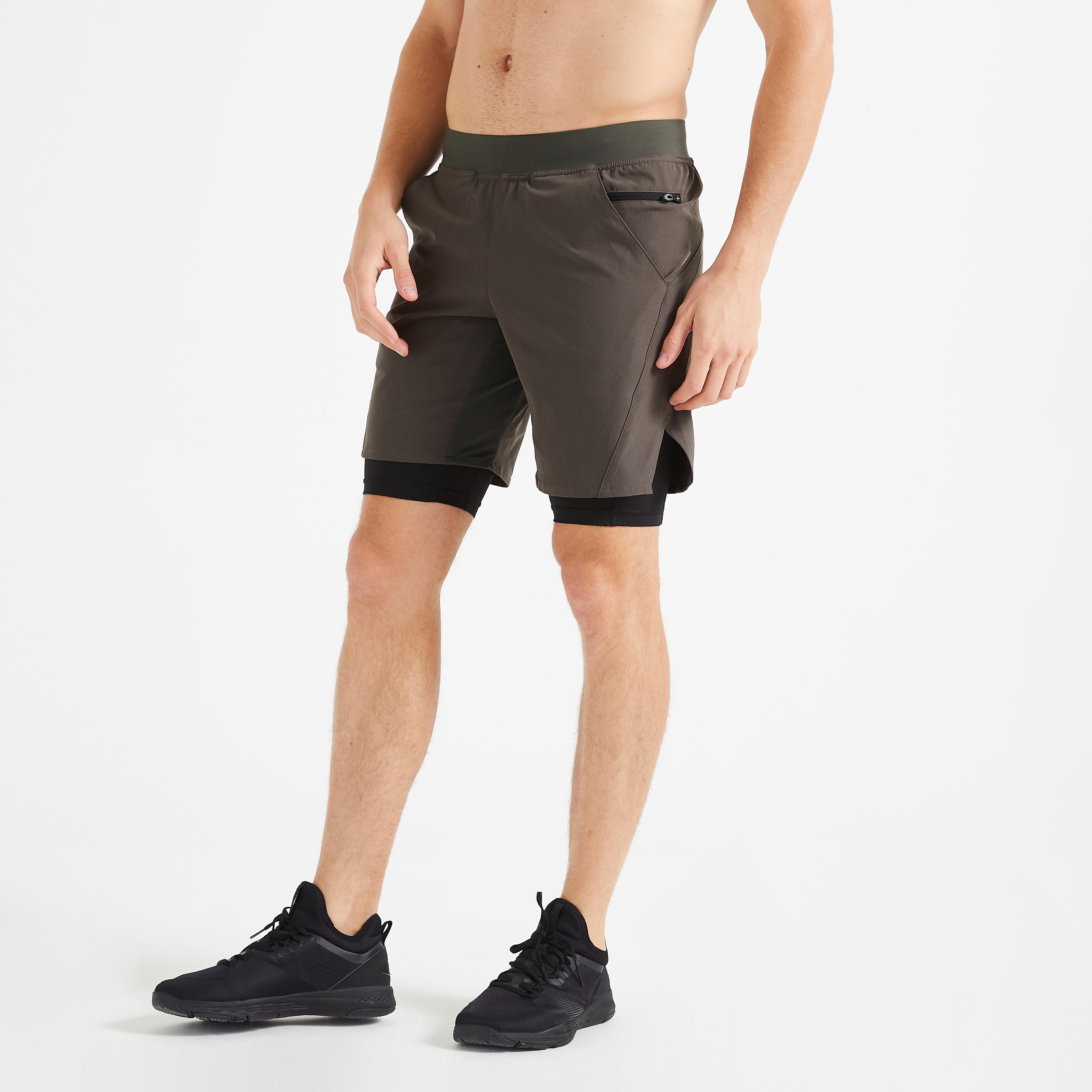 Domyos 2-in-1-Fitnessshorts Kollektion atmungsaktiv mit RV-Tasche Herren kaki