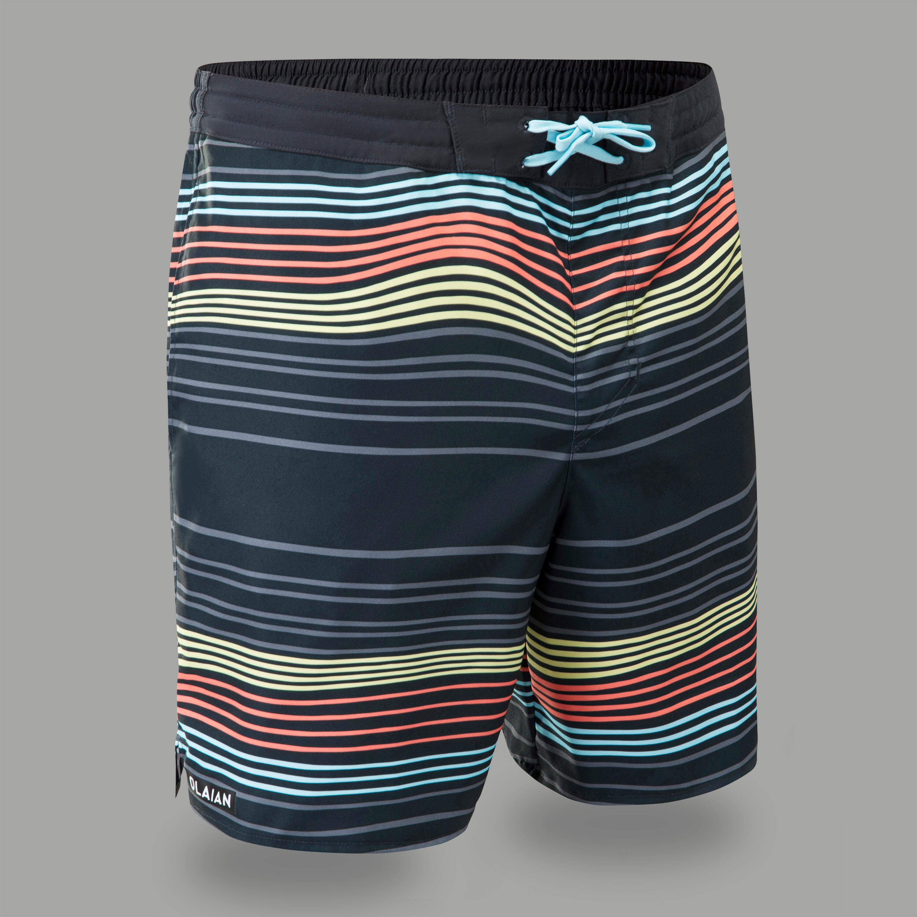 Olaian Boardshorts Surfen Herren lang 100 Wavy Venice schwarz/bunt