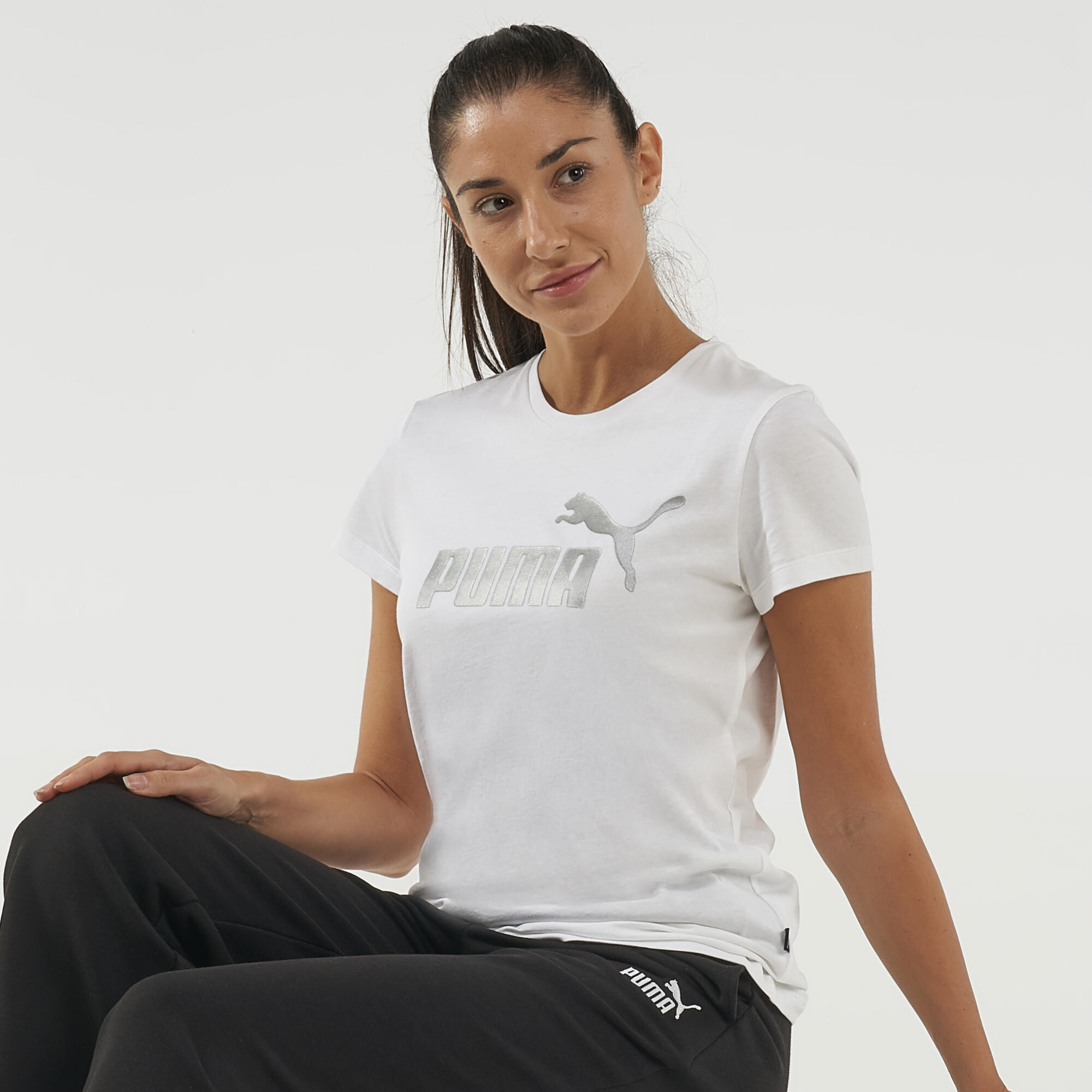 Puma T-Shirt Fitness Damen Baumwolle - weiss mit silbernem Logo