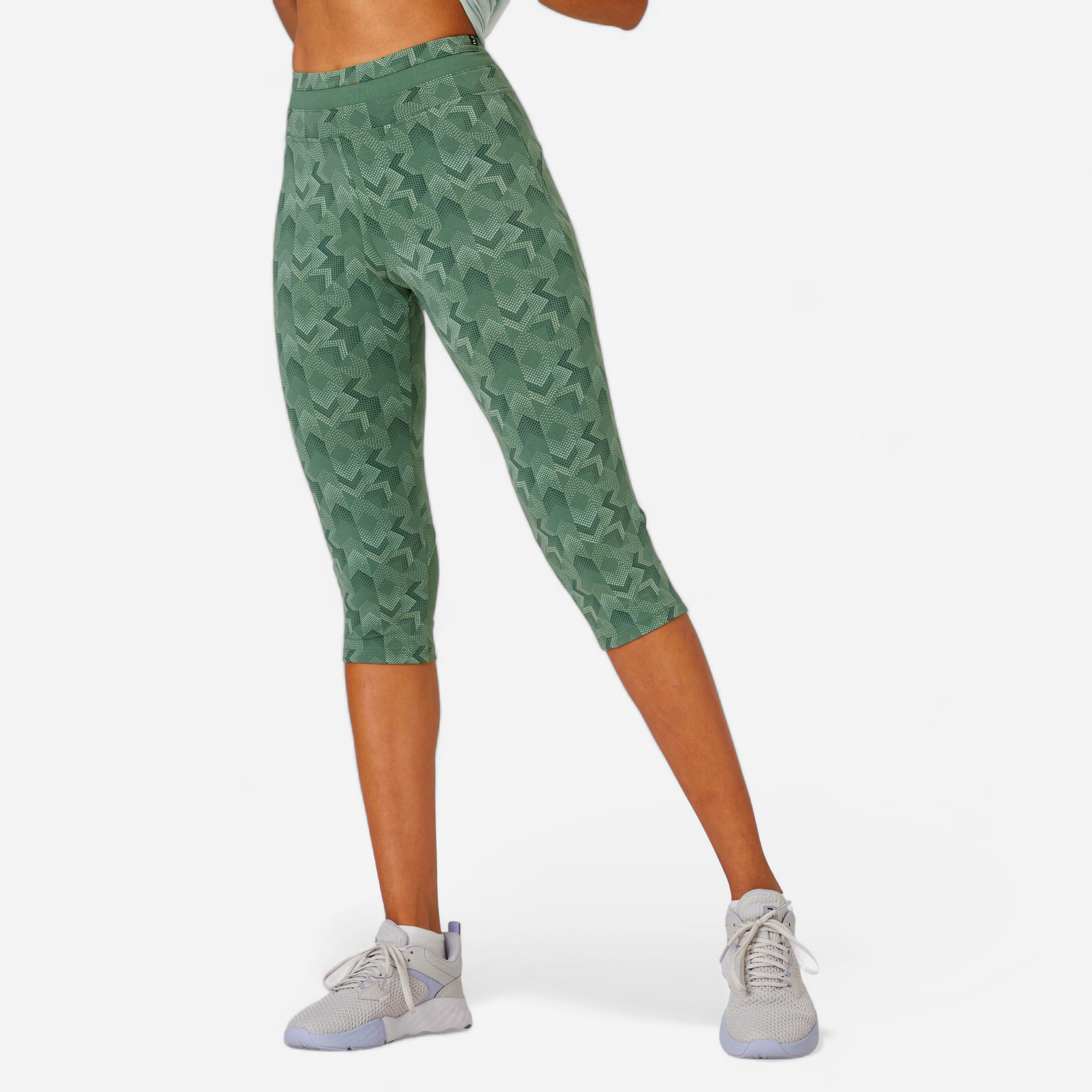 Domyos Leggings 3/4 520 Fitness hoher Baumwollanteil grün mit Motiven