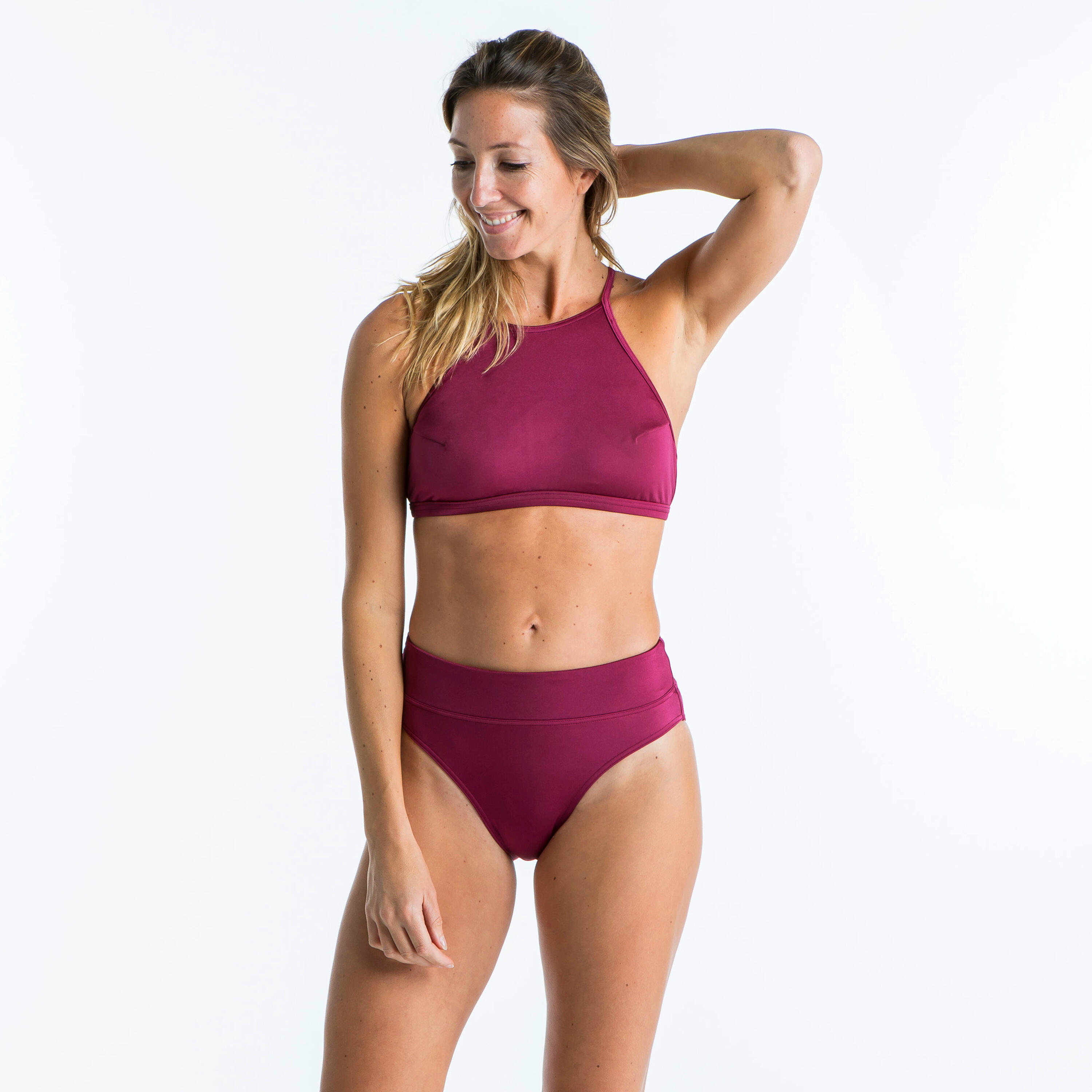 Olaian Bikini-Hose Damen hoher figurformender Taillenbund Nora bordeaux