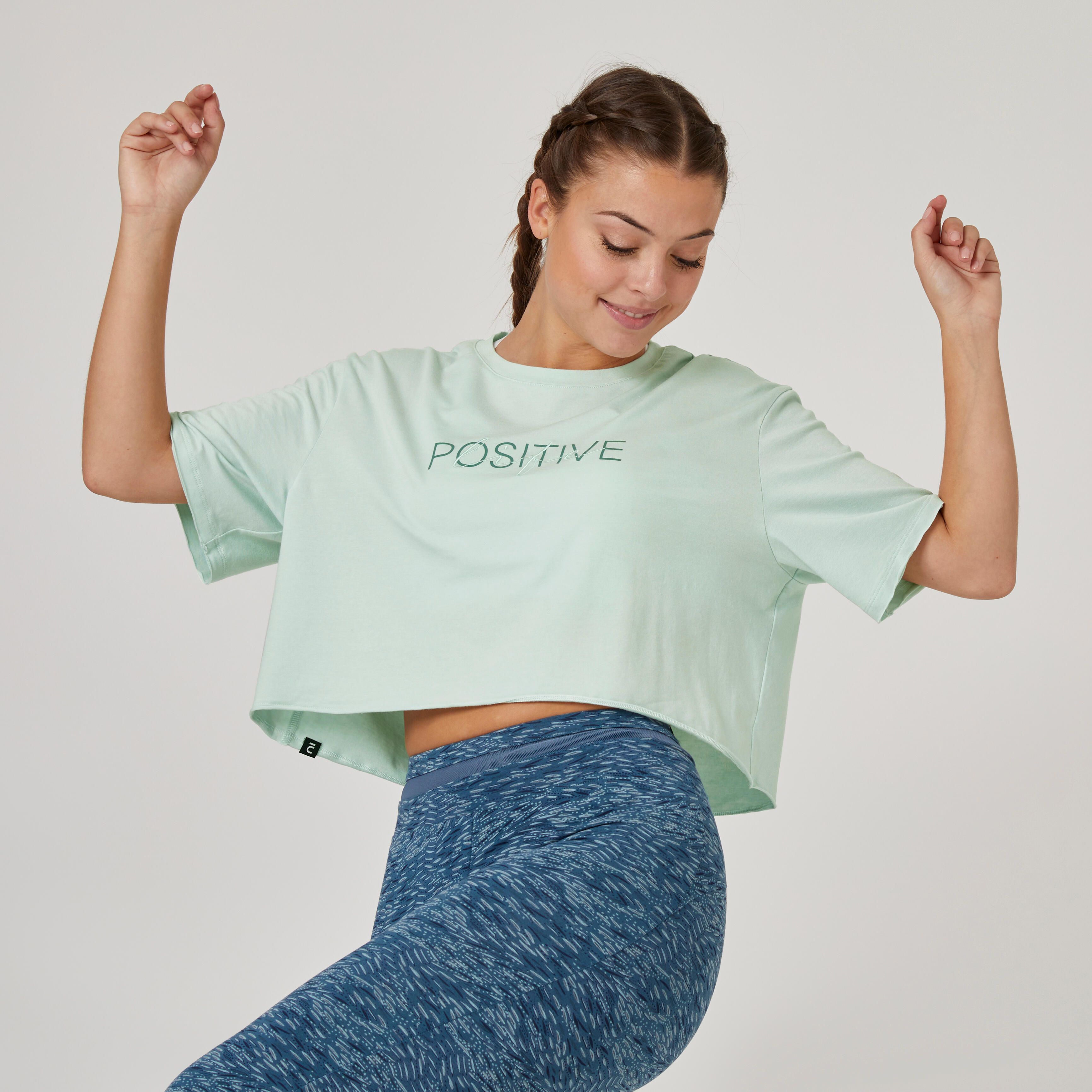 Domyos T-Shirt Fitness 520 Crop Top Regular Rundhals Baumwolle Damen weiss