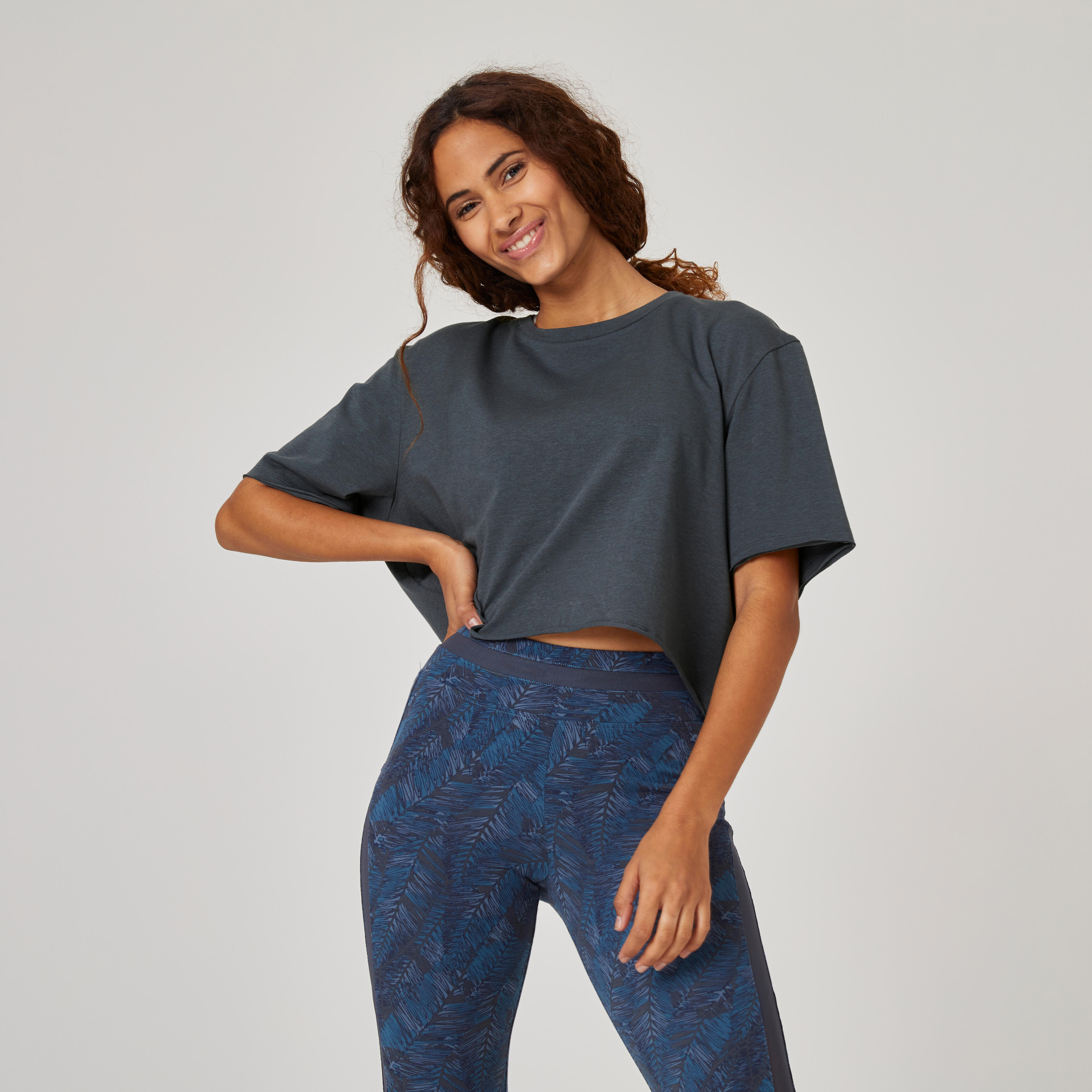 Domyos T-Shirt Crop Top 520 Fitness kurzarm Rundhalsausschnitt Baumwolle Damen dunkelgrau