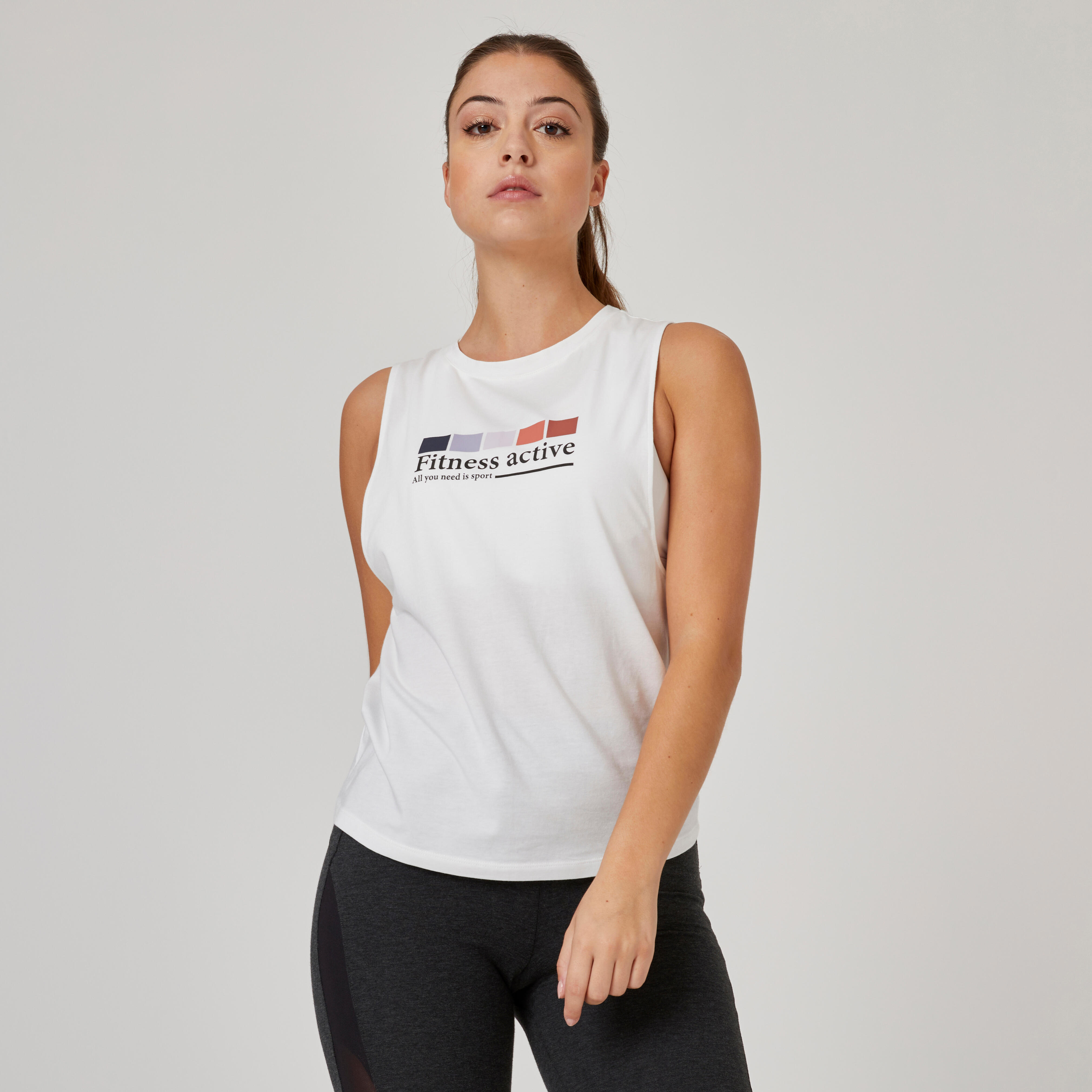 Domyos Top 500 Cosmeto Fitness Rundhalsausschnitt Baumwolle Damen gletscherweiss